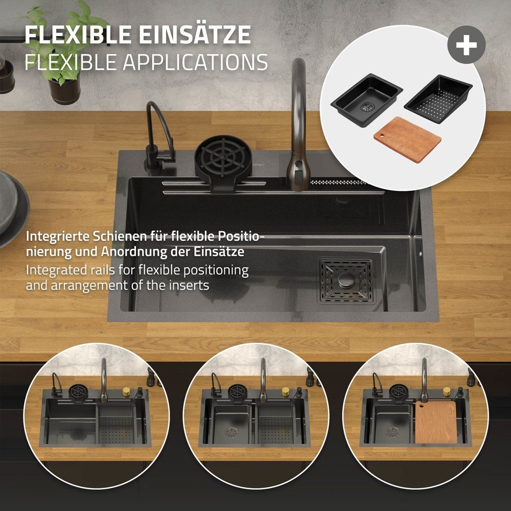 ML-DESIGN Küchenspüle Spülbecken aus Edelstahl Einbauspüle mit Wasserhahn & anderem Zubehör, 68/46 cm, Küchenspüle Multifunktionale Anthrazit rechteckig Waschbe – Bild 5 von 5