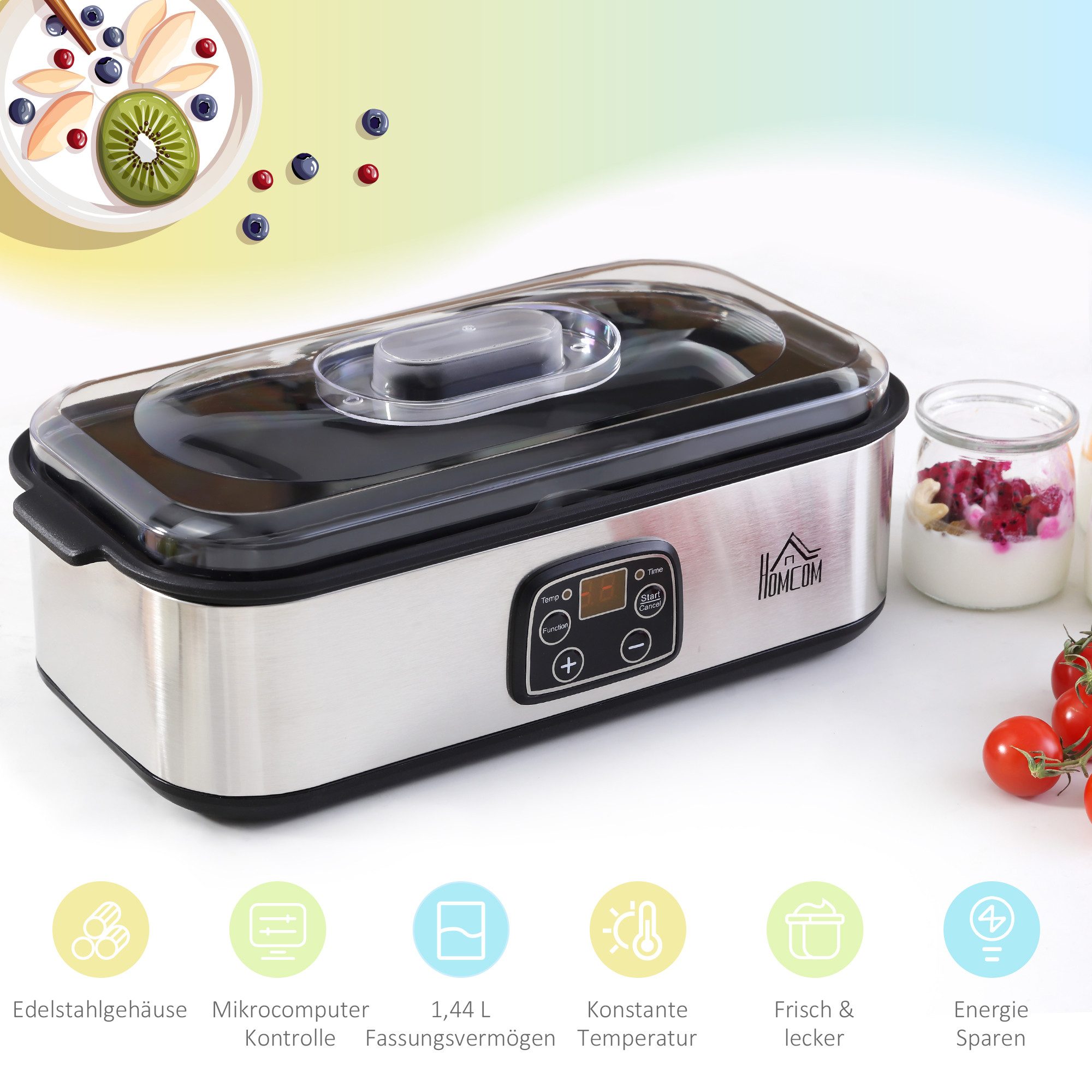 HOMCOM Joghurtbereiter Griechische Joghurtmaschine, Joghurt Maker für 1,4 L, LCD Timer, 8 Portionsbehälter, je 180 ml, PC PP-Kunststoff Edelstahl Glas Silber 36 – Bild 5 von 5