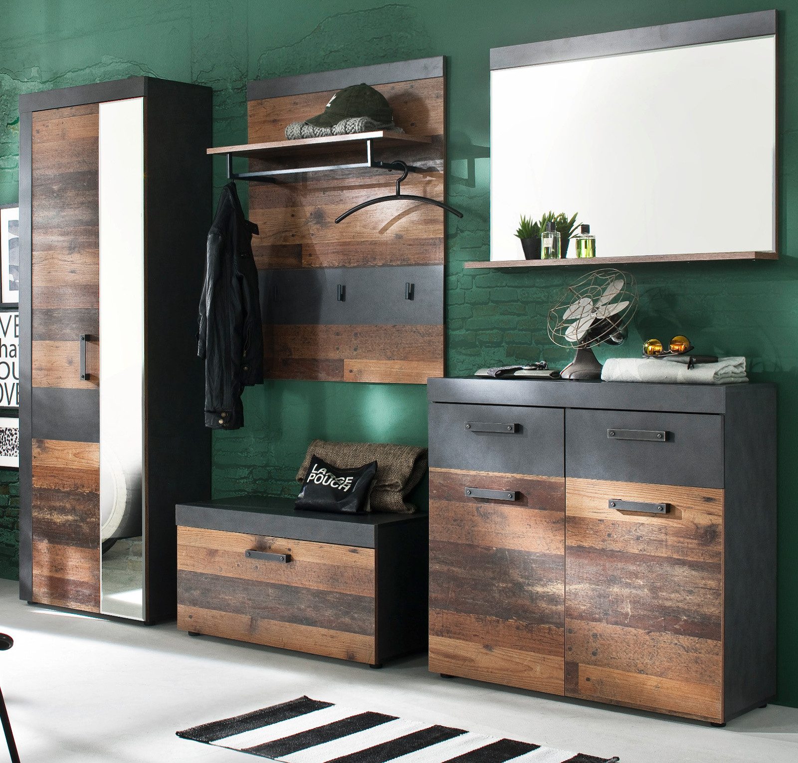Inn.Furn Garderoben-Set Indy, (Flurgarderobe in Used Wood mit grau, Komplett-Set 5-teilig), variable Inneneinteilung