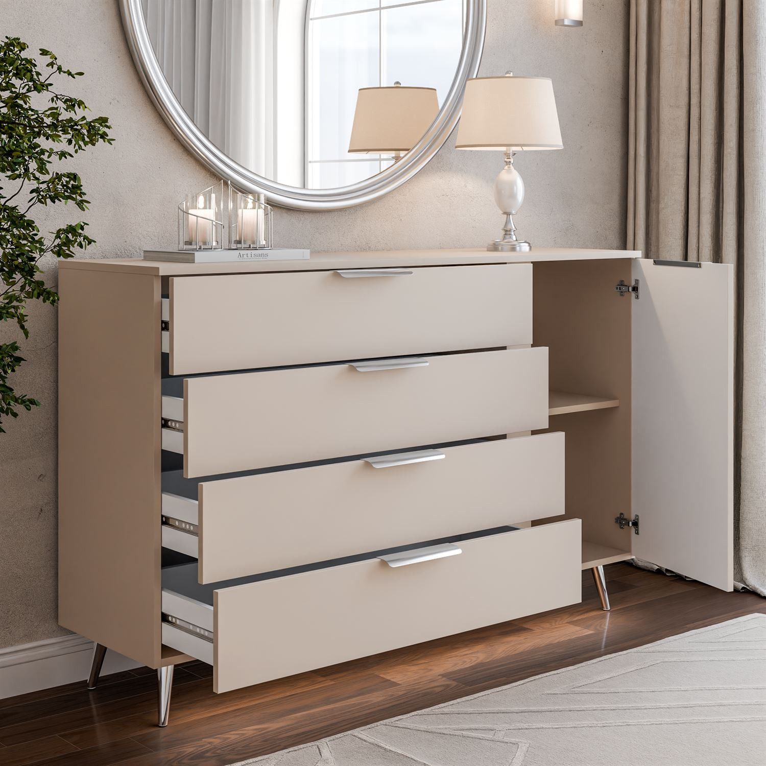 Lookway Kommode LINA KASCHMIR 1D4S mit LED Beleuchtung auf hohen Füßen, 138x90x40 cm – Bild 3 von 5