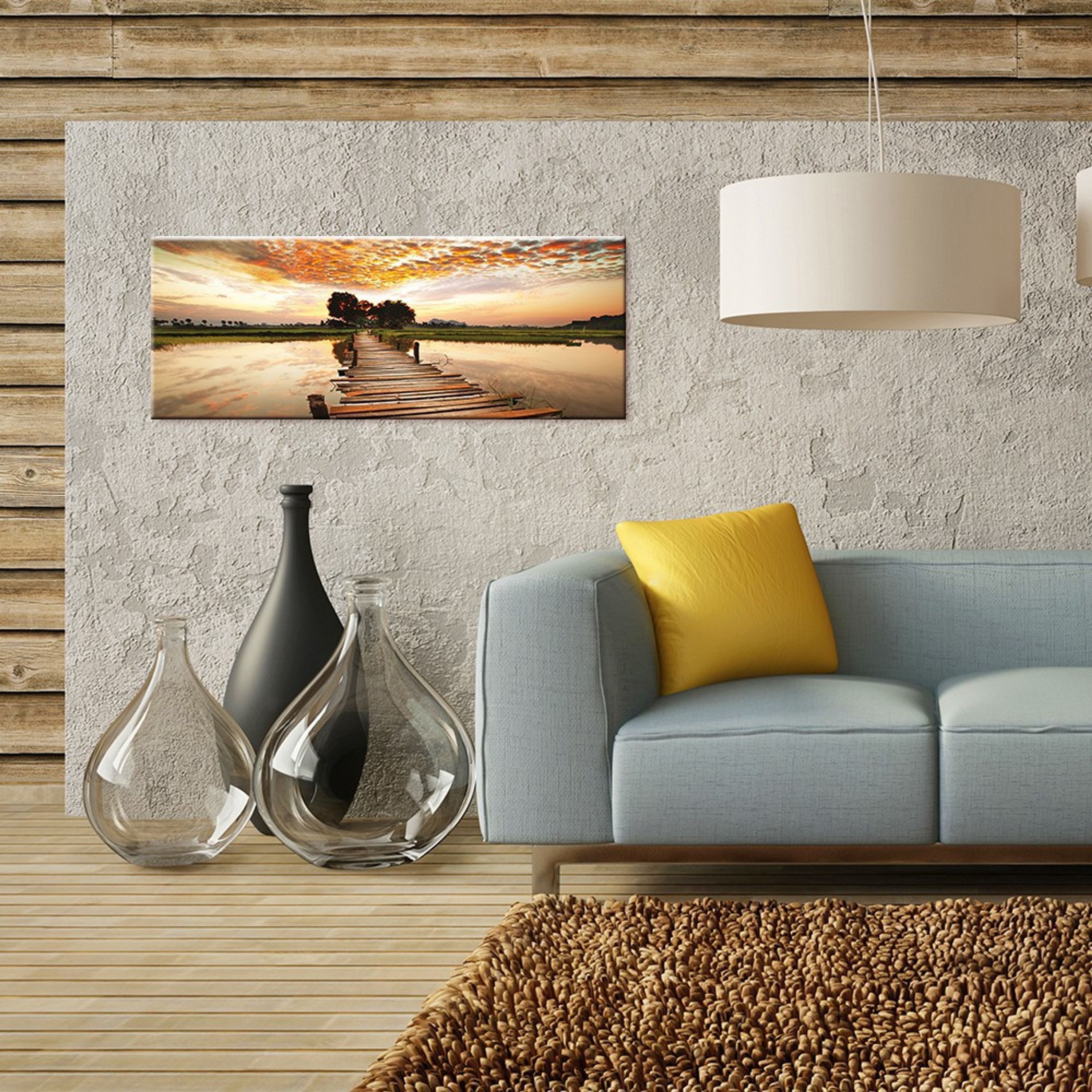 artissimo Glasbild Bild aus Glas 80x30 cm / Wandbild Querformat / Wanddeko modern, Landschaft: Steg im Sonnenuntergang in Orange und Gold
