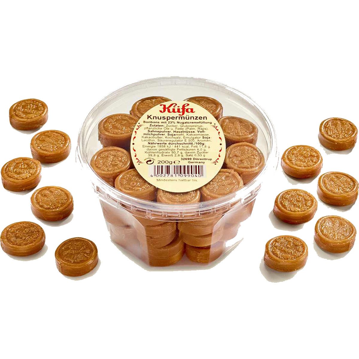 KUEFA Süßigkeit, Küfa Knuspermünzen Karamell Münzen mit Nougatcremefüllung 200g