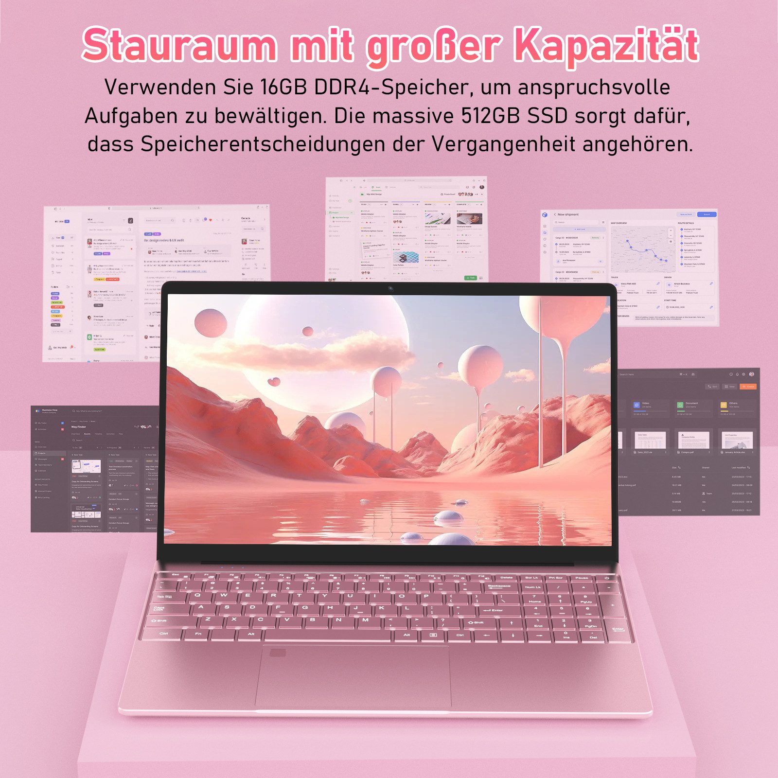 Auusda 15,6 Zoll Full-HD Laptop,16/32 GB DDR4 RAM 512GB/1TB SSD Notebook (39,6 cm/15.6 Zoll, Intel Alder Lake N95, 16 GB, 512 GB SSD, 1920x1080, Basisfrequenz 1,7 GHz, bis zu 3,4 GHz) rosa