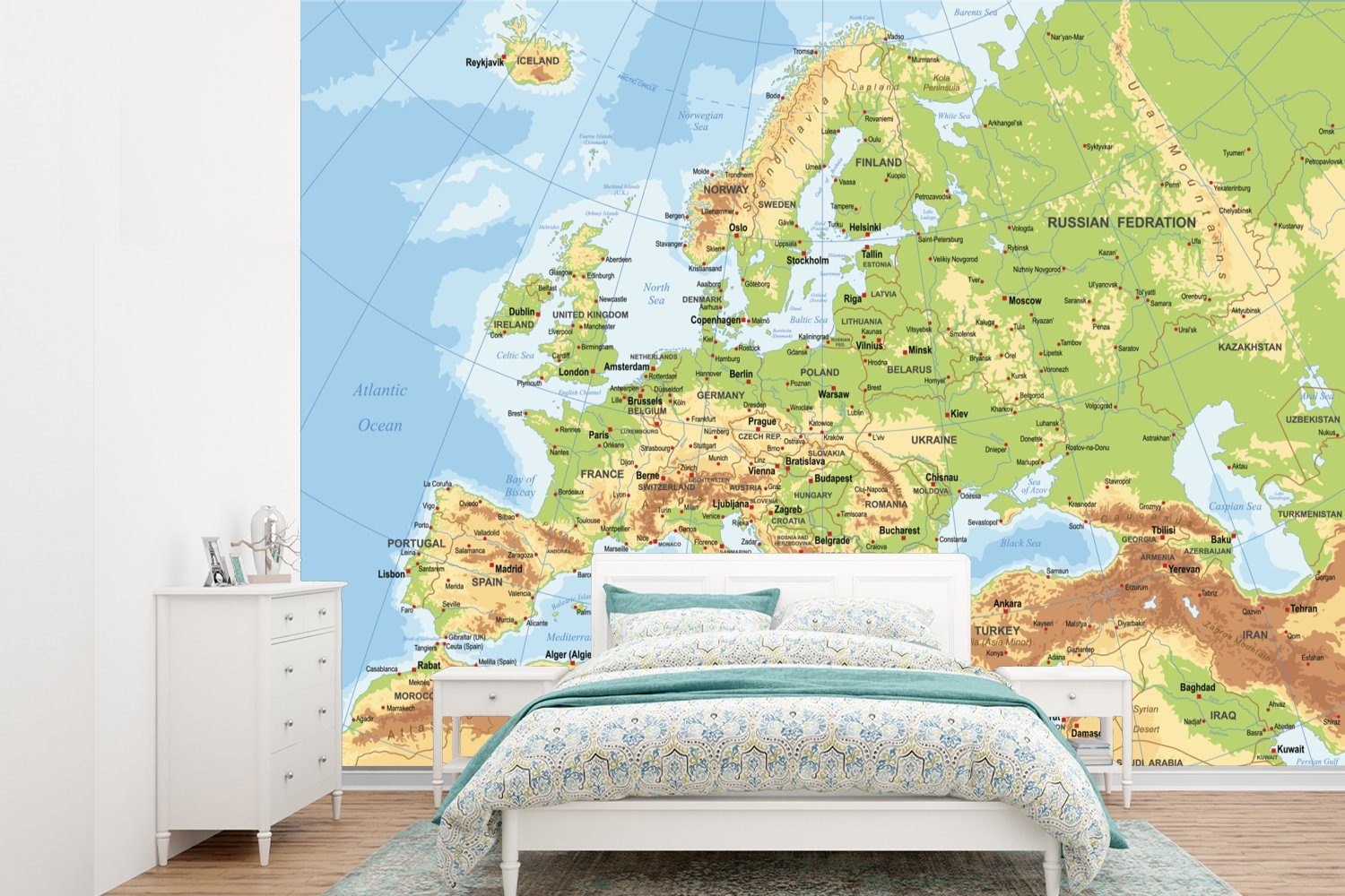 MuchoWow Fototapete Karte - Europa - Land, Matt, bedruckt, (6 St), Montagefertig Vinyl Tapete für Wohnzimmer, Wandtapete