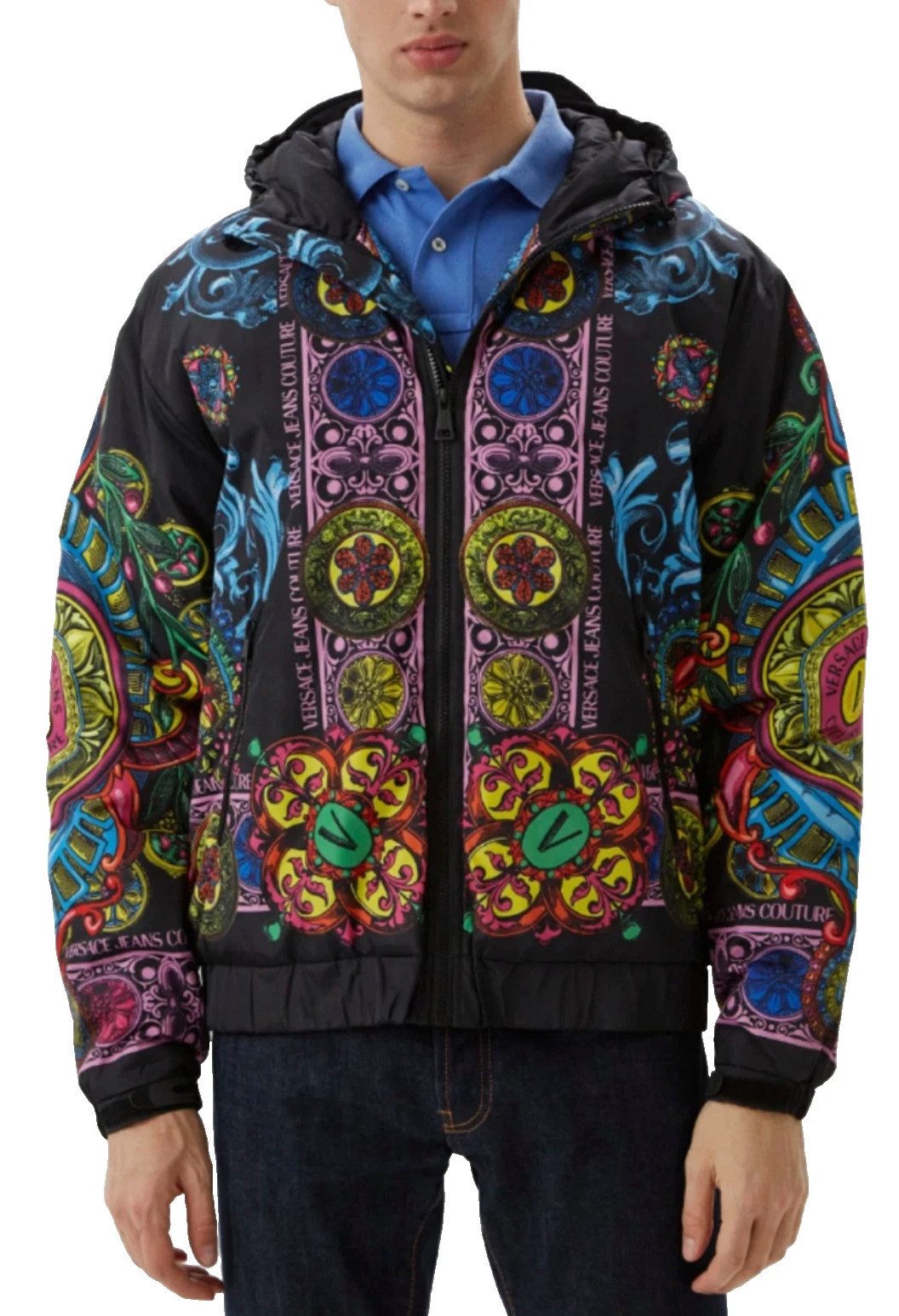 Versace Kurzjacke Regalia Baroque Jacke Bomber Blouson mit Kapuze Loose Fit Regalia- und Baroque-Allover-Design in Multicolor