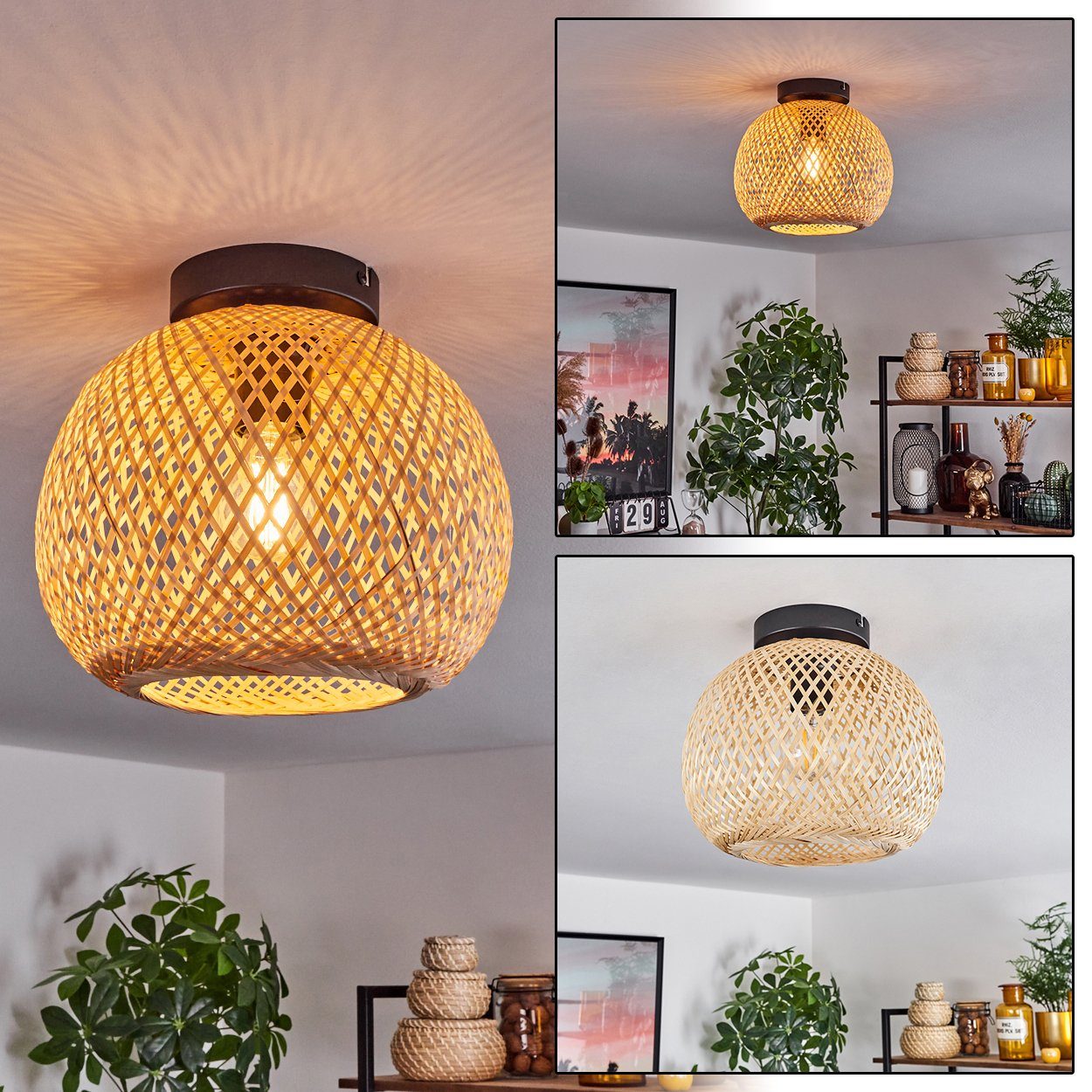 hofstein Deckenleuchte moderne Deckenlampe aus Metall/Bambus in Schwarz/Natur, ohne Leuchtmittel, Leuchte (25cm) im Boho-Style mit tollem Lichteffekt, 1x E27-Fassung.