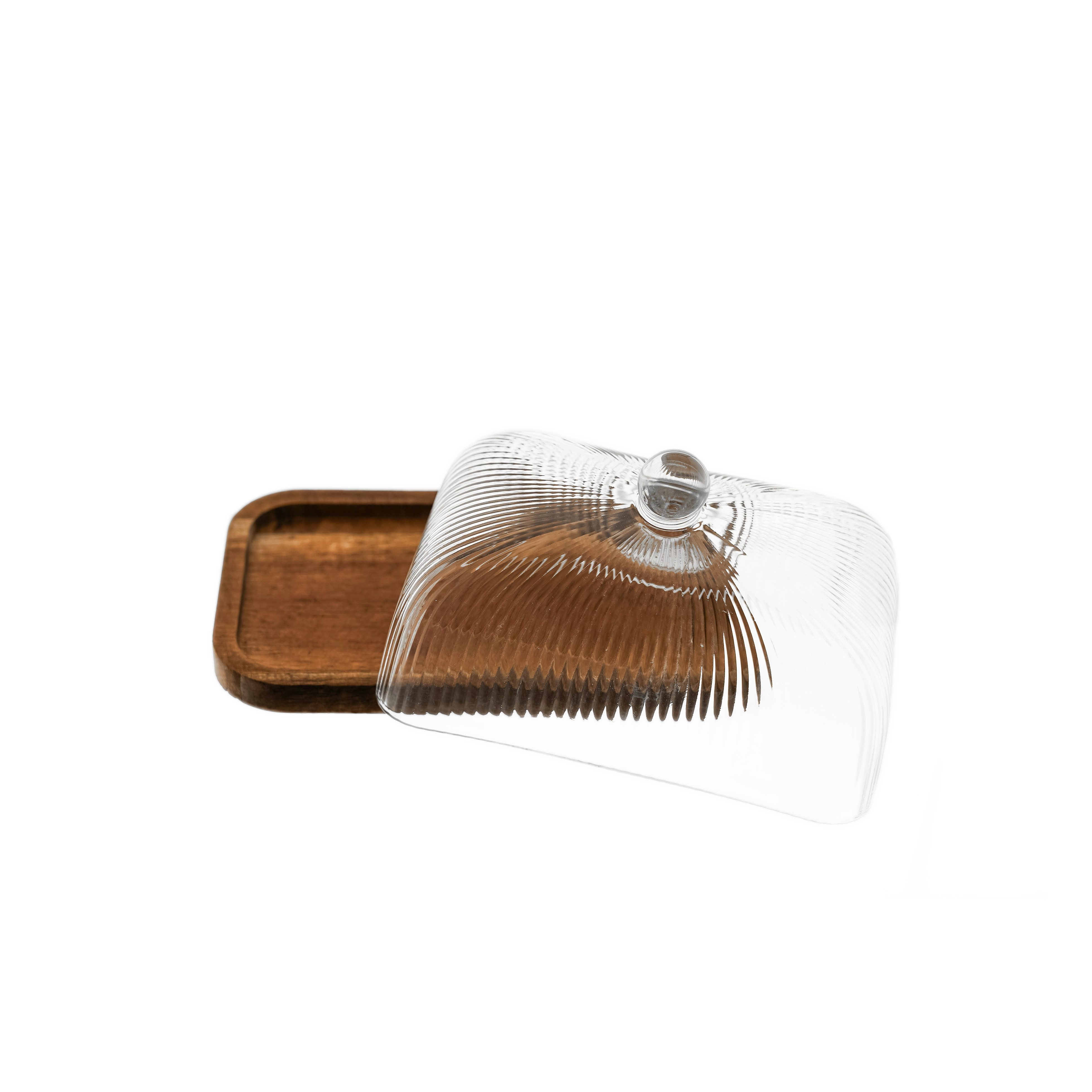 Mulex Butterdose, Glas, Holz, (1-tlg), mit Glasdeckel & Holzplatte, 16 x 10 x 10 cm