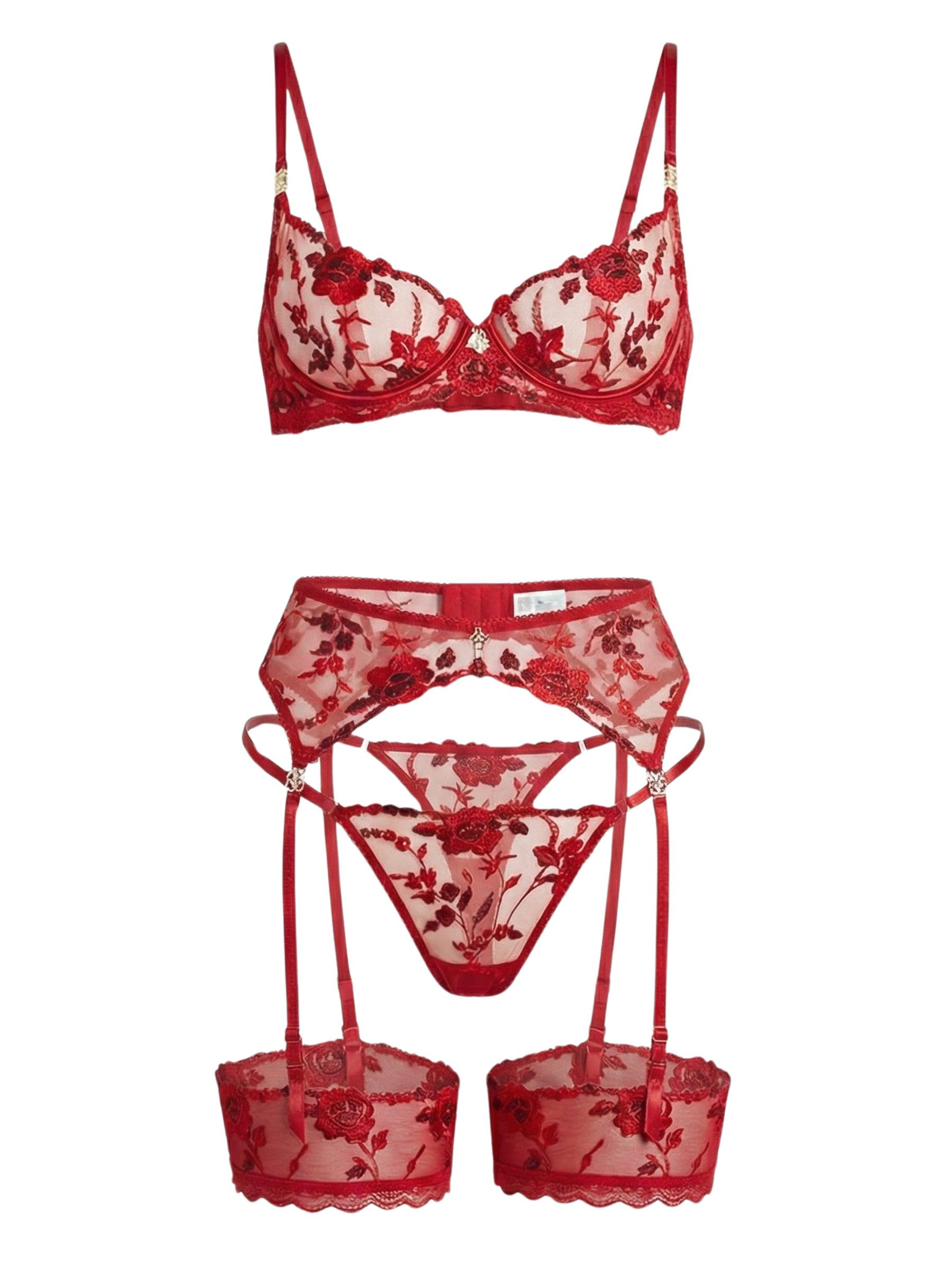 Elegant Love Set: Bügel-BH Sexy Spitzen-Damenunterwäsche mit Strapsen – romantisches Dessous-Set (Set, 3-tlg., BH + String + Strapsgürtel) Lingerie-Set – Elegante Reizwäsche für besondere Momente
