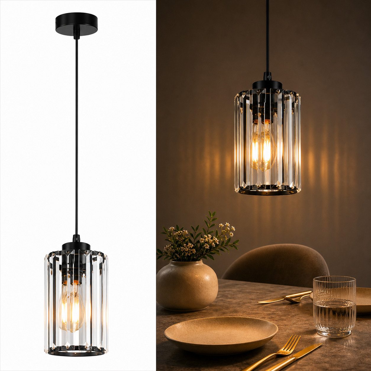 Nettlife Pendelleuchte Kristall Esstisch Schwarz Modern 1/3/4 Flammig E27 Hängeleuchte, LED wechselbar, Esszimmerlampe für Wohnzimmer Schlafzimmer Küche