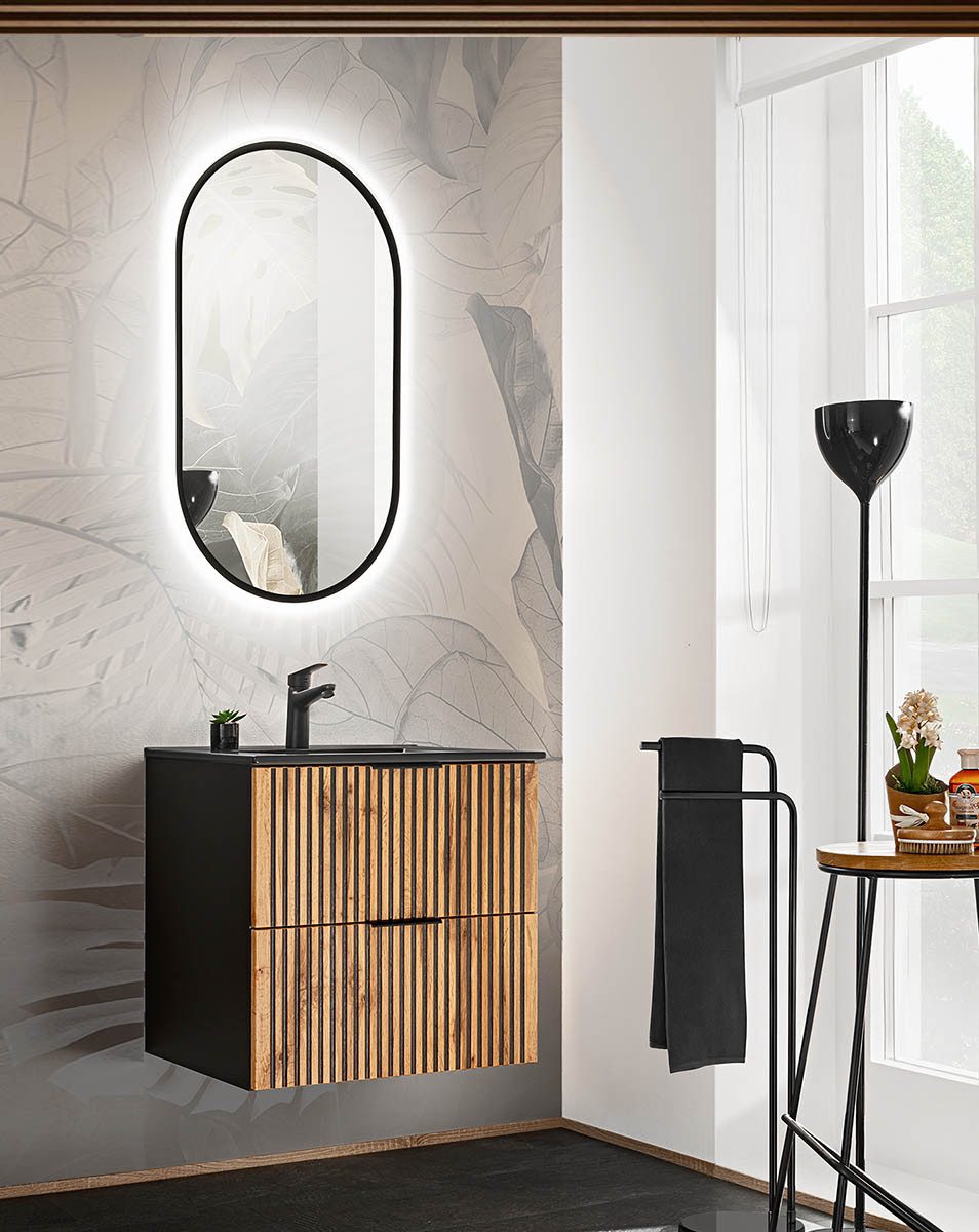 einfachgutemoebel Waschtisch-Set Bad Set 2-teilig TRIBUNE 60cm, Einbaubecken blk, Black - Wotan-Eiche, (Badmöbel Set, 1-St., Waschtisch SET 2-teilig)