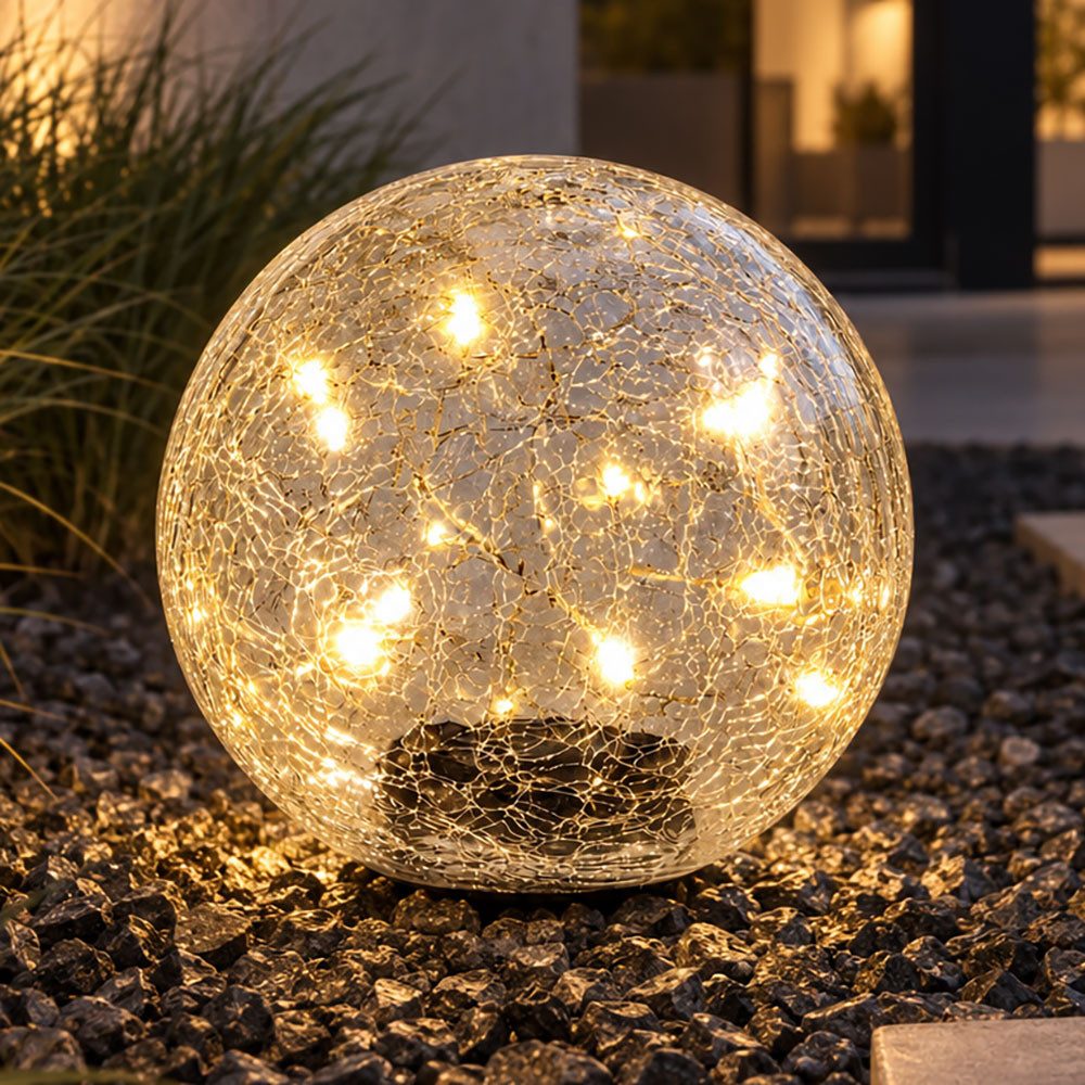 etc-shop Kugelleuchte, LED-Leuchtmittel fest verbaut, Warmweiß, Solarleuchte Kugel Steckleuchte Crackle Glas Gartenleuchte LED D 15 cm