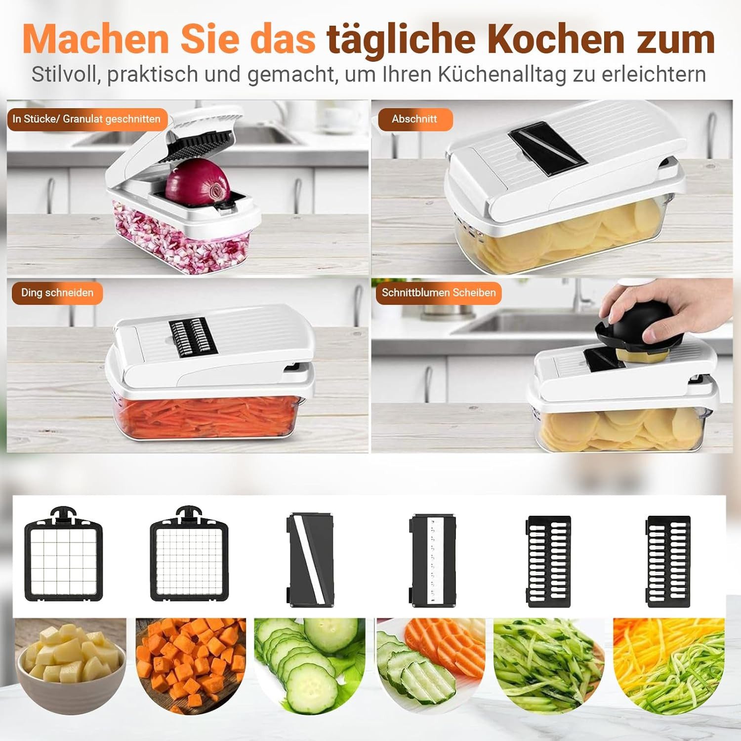 BlingBin Gemüseschneider 15-in-1 Gemüsehobel mit 7 Austauschbaren Klingen, Küchenreibe, Gemüse Schneider Würfelschneider für Kartoffeln Gurken Früchte