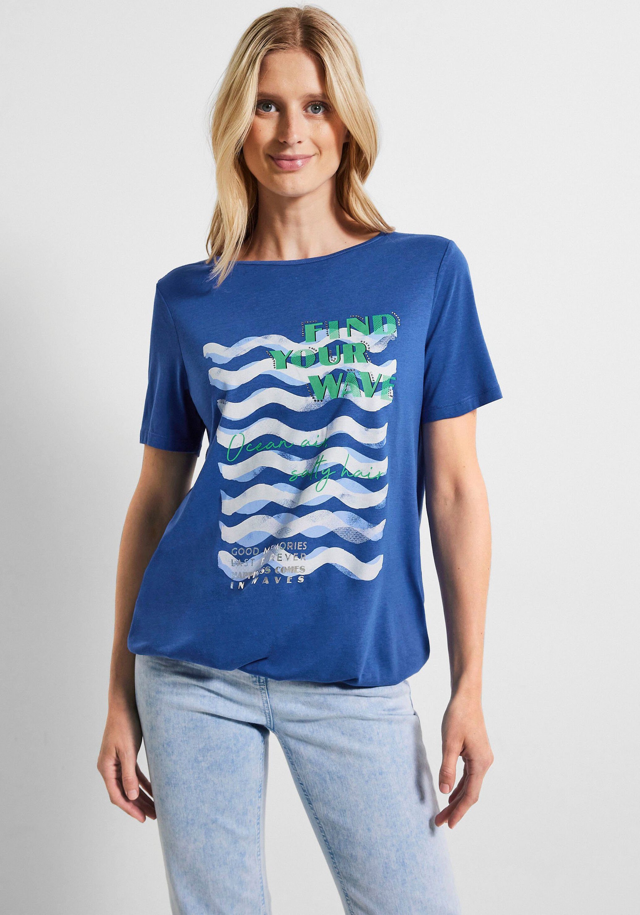 Cecil T-Shirt Cecil Wave Fotoprint Shirt in Deep Blue (1-tlg) Gummizugsaum | Weite Hosen