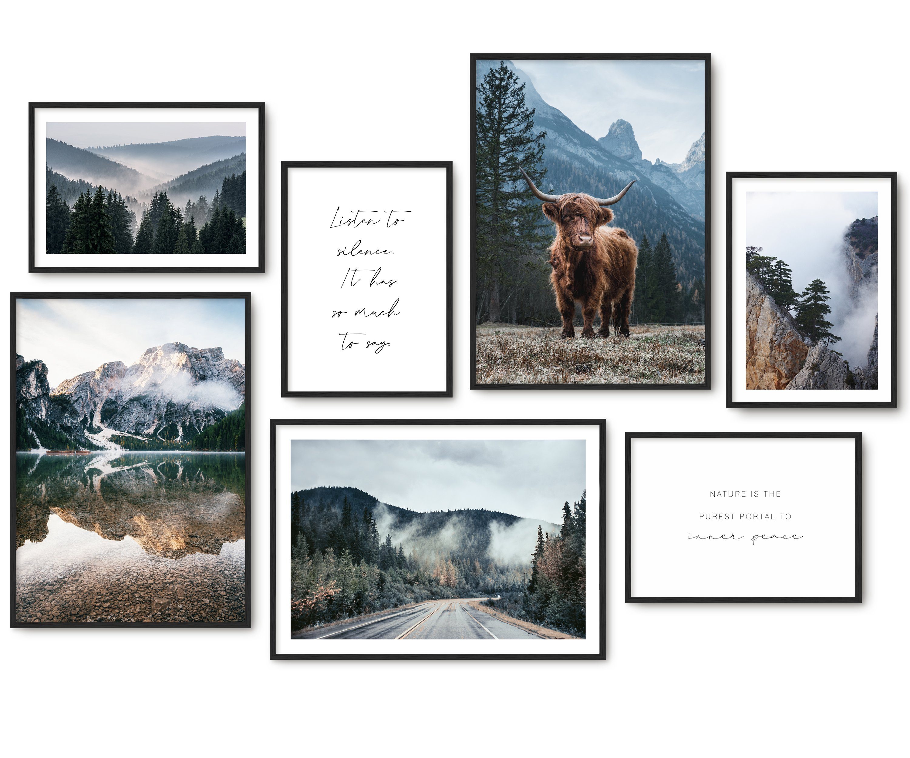 Hyggelig Home Poster Highlands - Premium Poster Set OHNE & MIT Rahmen - 7 Wandbilder Berge, Natur (Set, 7 St), Collage Wälder, Qualitätsdruck auf dickem Papier