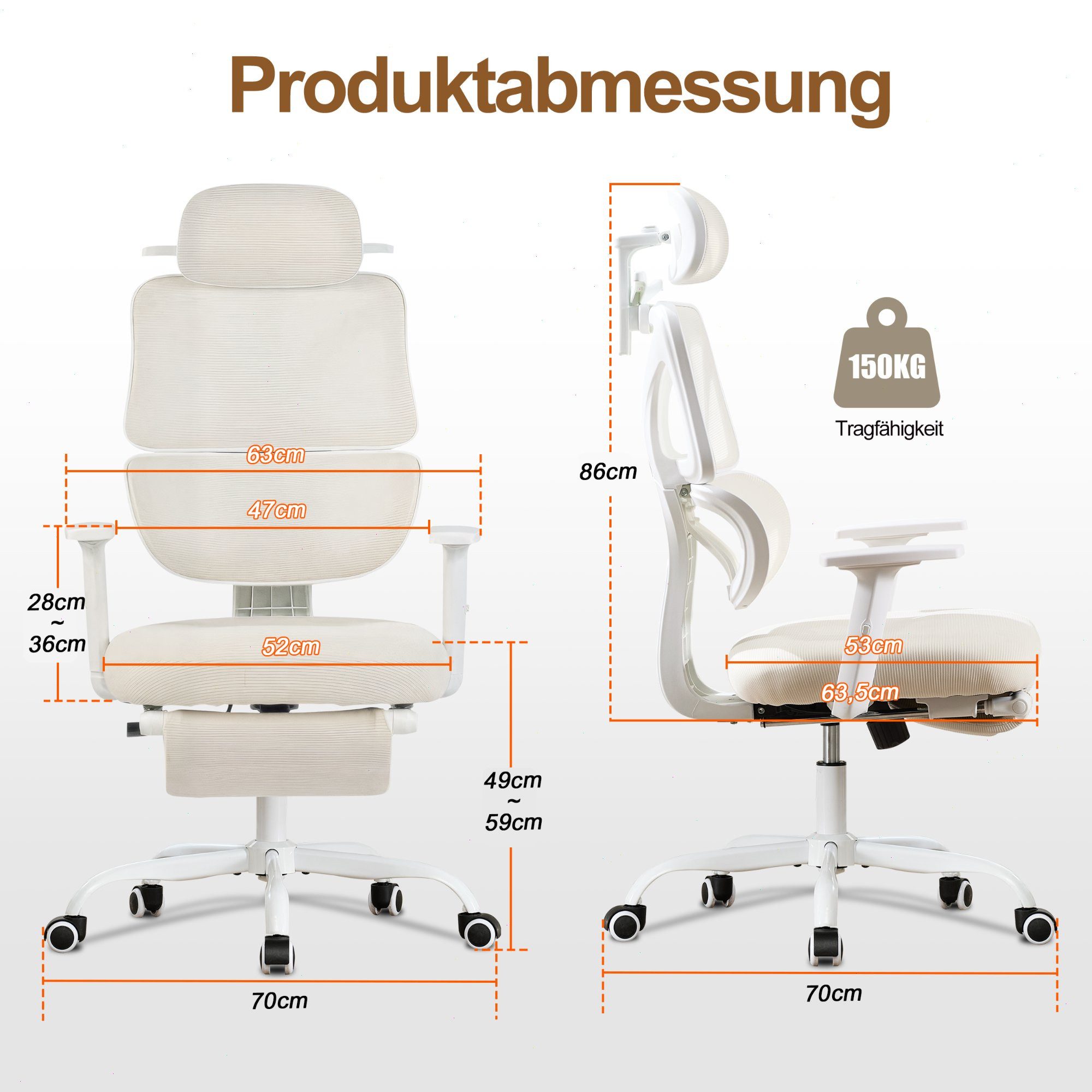 UEV Bürostuhl ergonomisch mit Fußstütze Mesh neigbar bis 135°,atmungsaktiver Stoff (Packung), Verstellbarer Kopfstütze/Armlehnen/Dynamischer Lordosenstütze – Bild 5 von 5