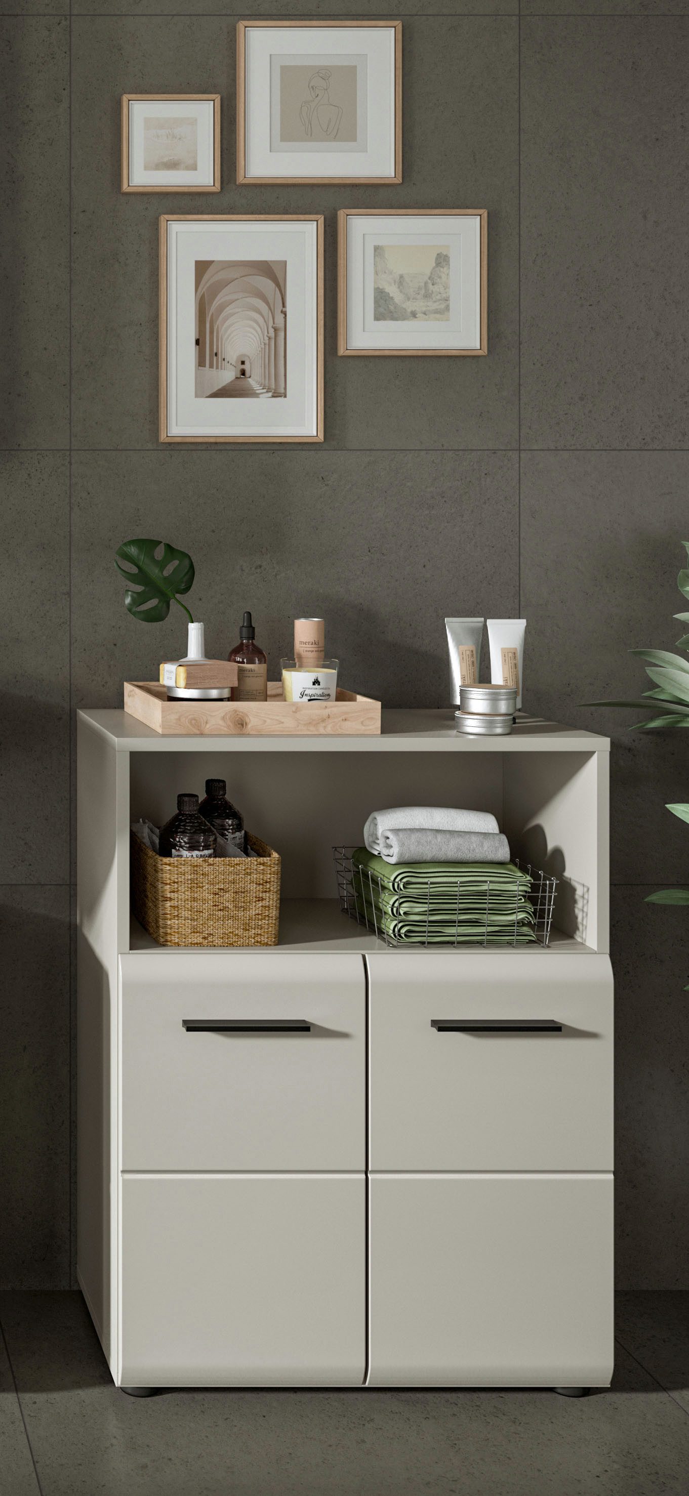 welltime Midischrank FLORENZ, Breite 60 cm, 2 Türen, 1 Fachboden, 1 offene Fach (1-St., TOPSELLER) hochwertige MDF Front, Griff schwarz, Badschrank, Bad