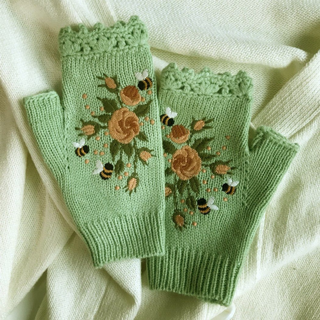 TUABUR bestickte Strickhandschuhe Strickhandschuhe mit brown Handschuhe, Blumen Handgefertigte,