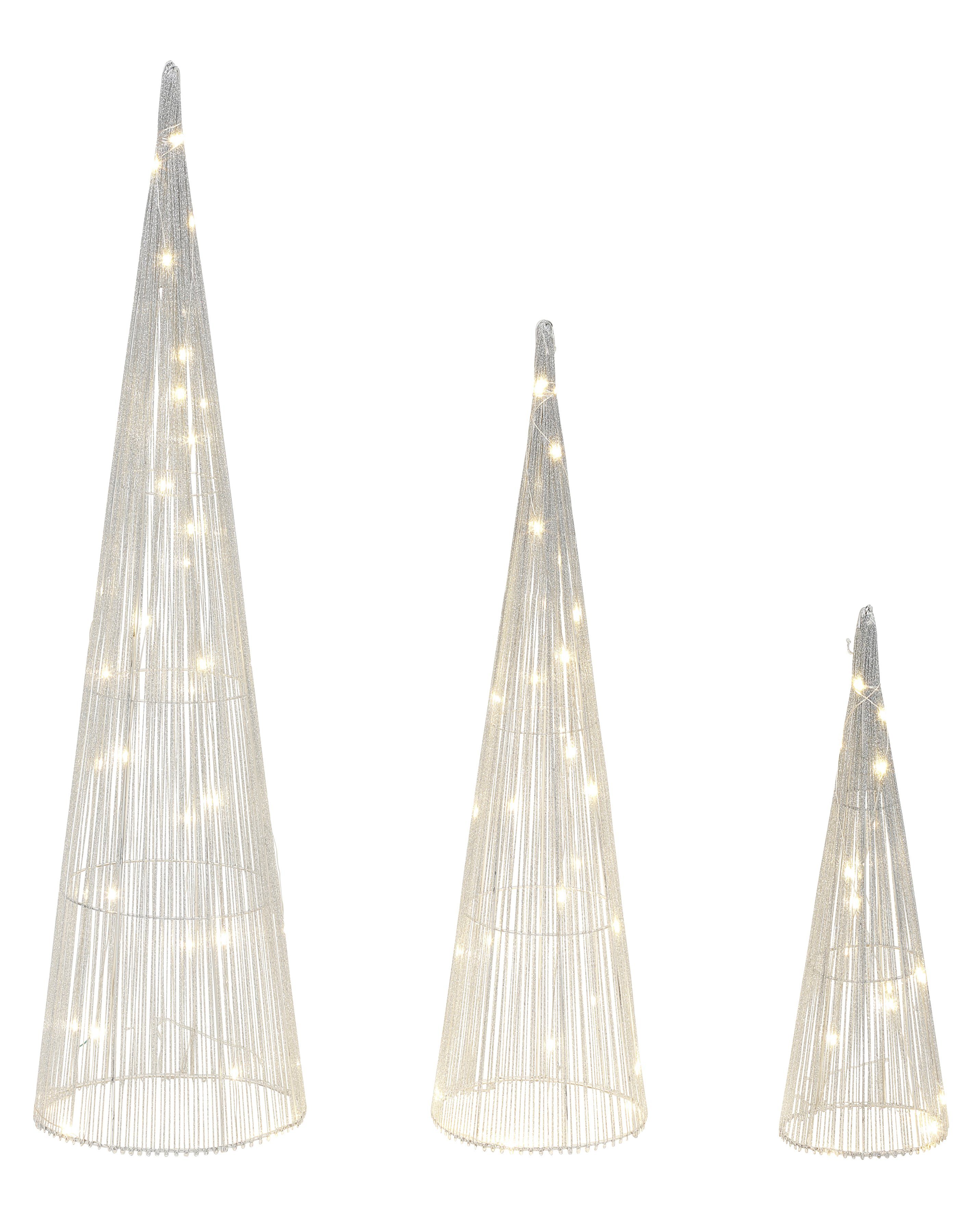 schimmernde Pyramiden LED Effektvolle LED-Beleuchtung, Größen integriert, Dekolicht in LED-Bäume, Warmweiß, Weihnachtsdeko, 3 Pyramiden LED Star-Max Leucht fest silberfarben mit