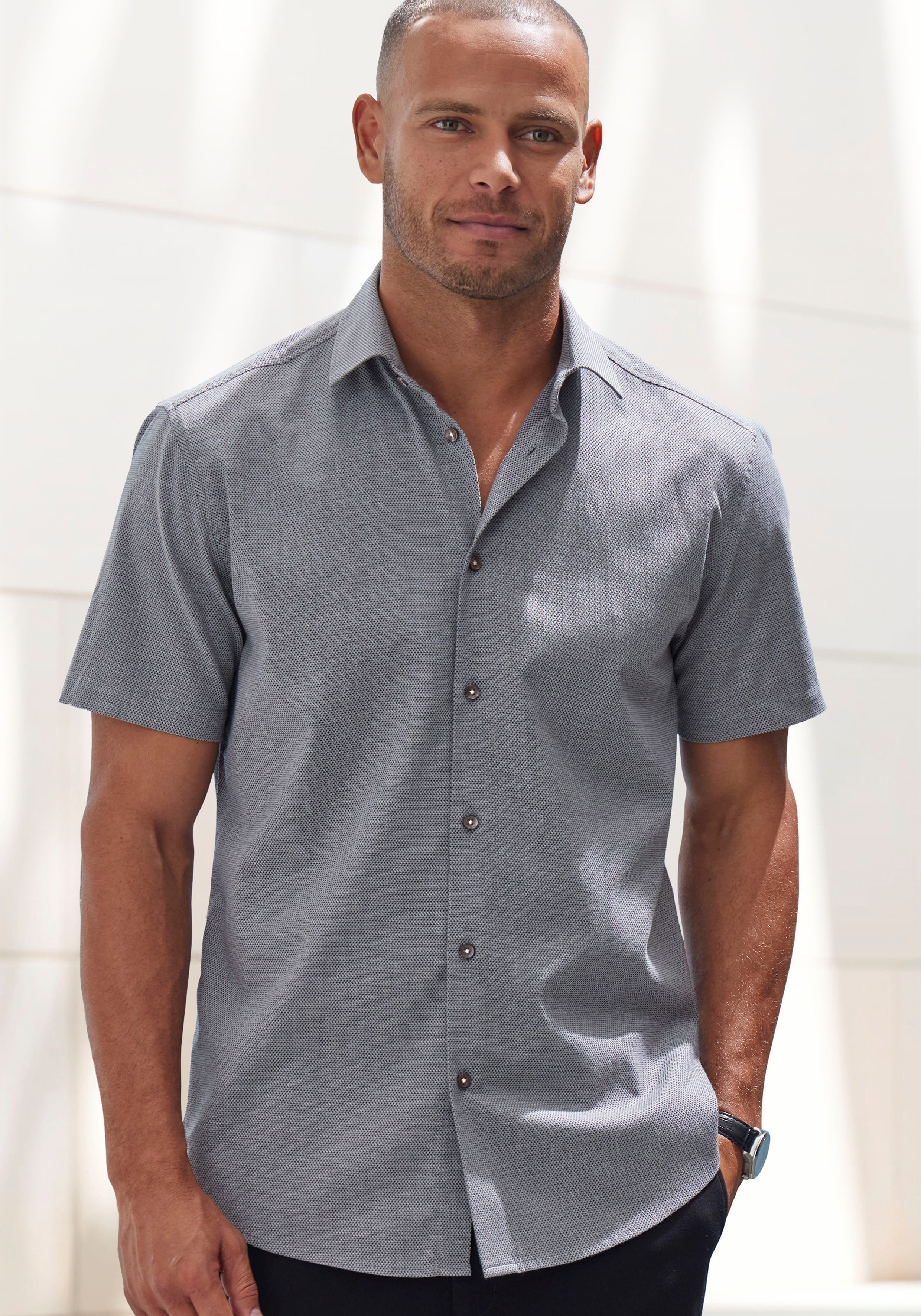 H.I.S Kurzarmhemd Regular-fit elastisches Jaquard-Kurzarmhemd