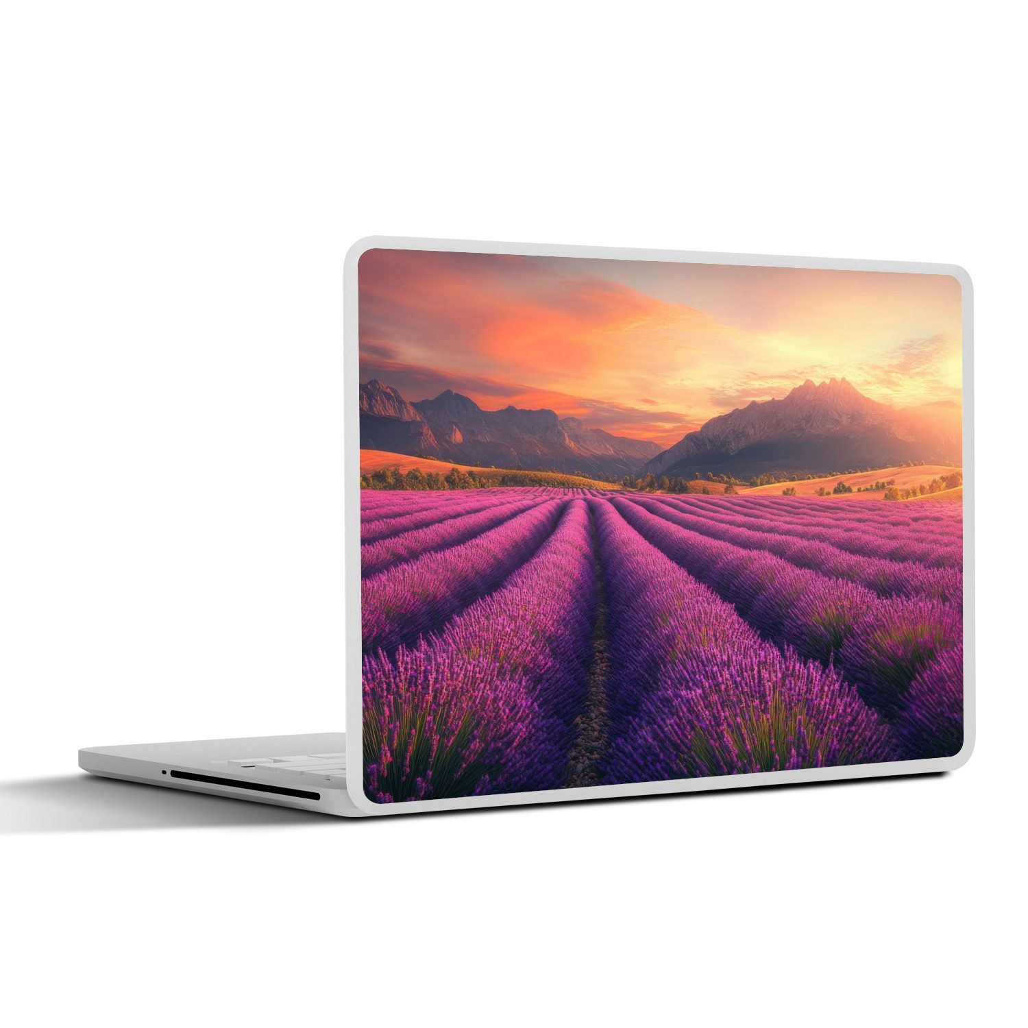 MuchoWow Laptop-Aufkleber Lavendelfeld - Sonnenuntergang - Lila, (1tlg), Laptop Folien Cover, Наклейка, Sticker, Schutz vor Kratzern, 25x18 cm