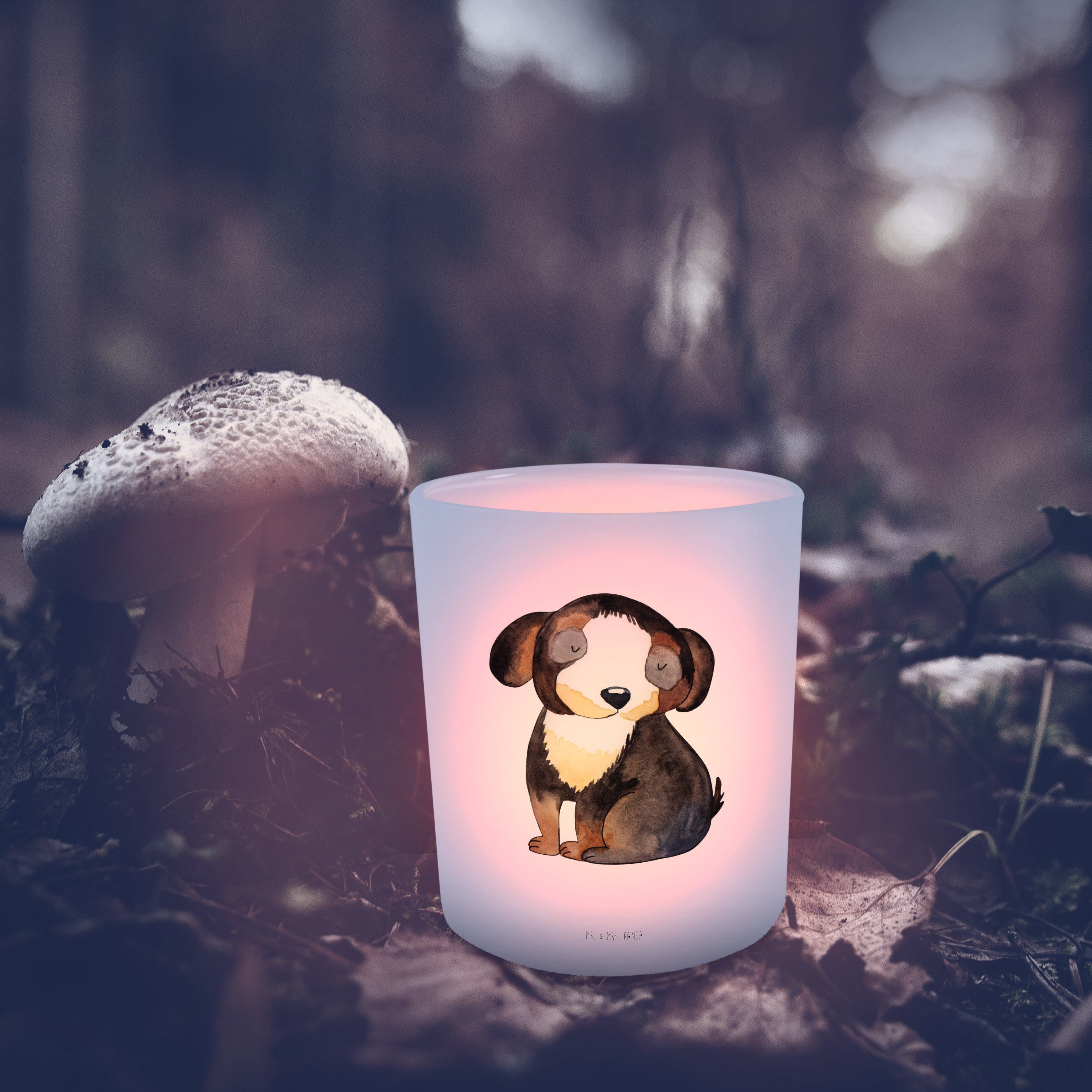 Geschenk, Panda entspannt & Hund (1 Hund, St) Windlicht Mrs. - schwarzer Hunderasse, Transparent Mr. -