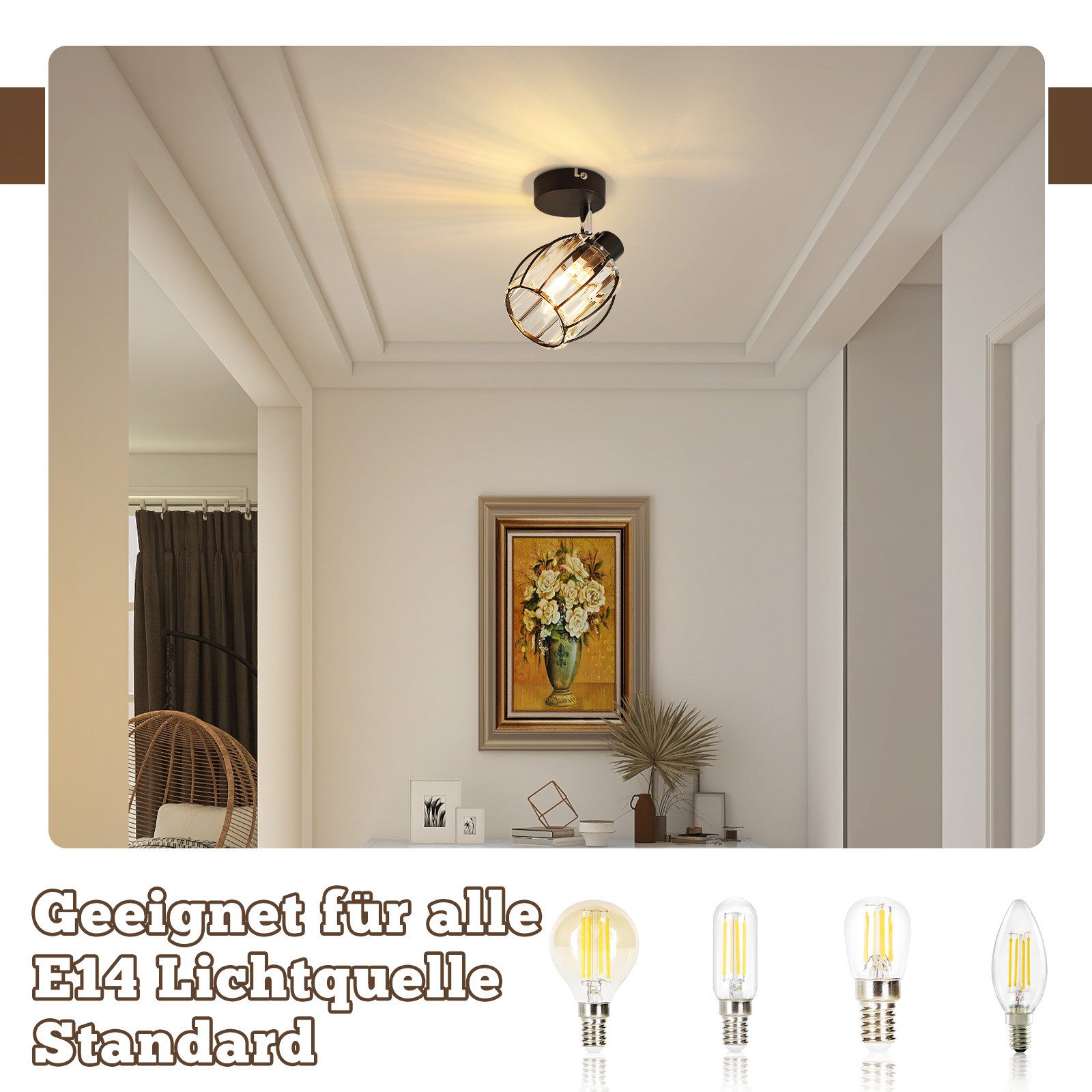 Nettlife Deckenstrahler Kristall Vintage Industrial Deckenspot Schwarz E14 350° schwenkbar, LED wechselbar, Retro Strahler Industrial Flurlampe für Flur Hotel – Bild 4 von 5