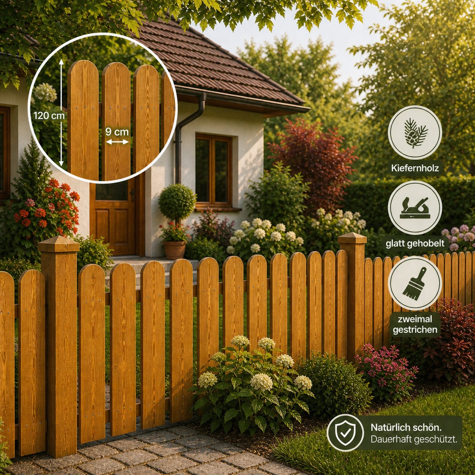 QLS Holzzaun 1 Stk. Zaunlatte 120 cm in 2 Farben, Holz Brett Kiefer Fichte Gehobelt Gartenzaun