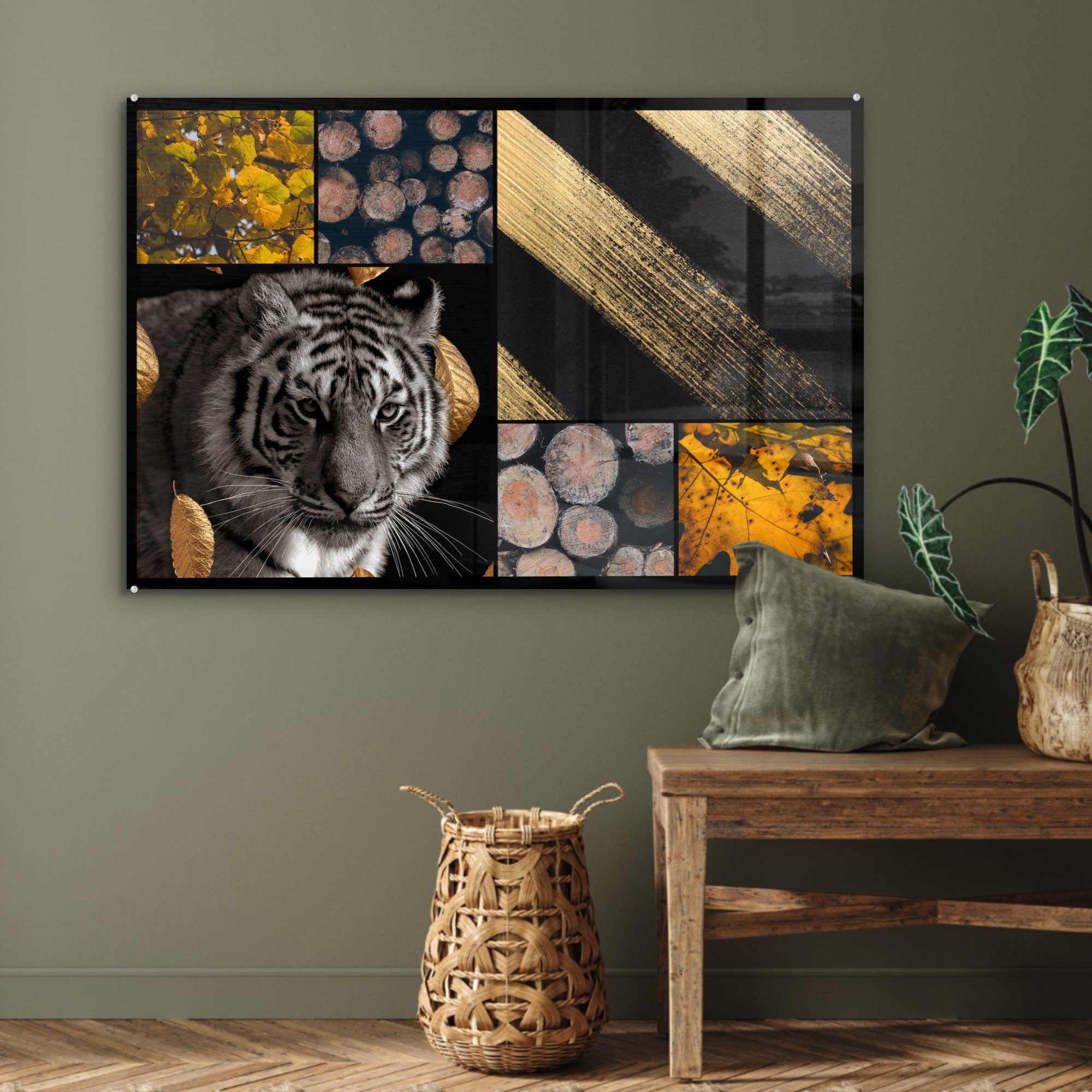 Schlafzimmer Acrylglasbilder Acrylglasbild Collage, MuchoWow - Holz - (1 & Wohnzimmer - Tiger Gold St),