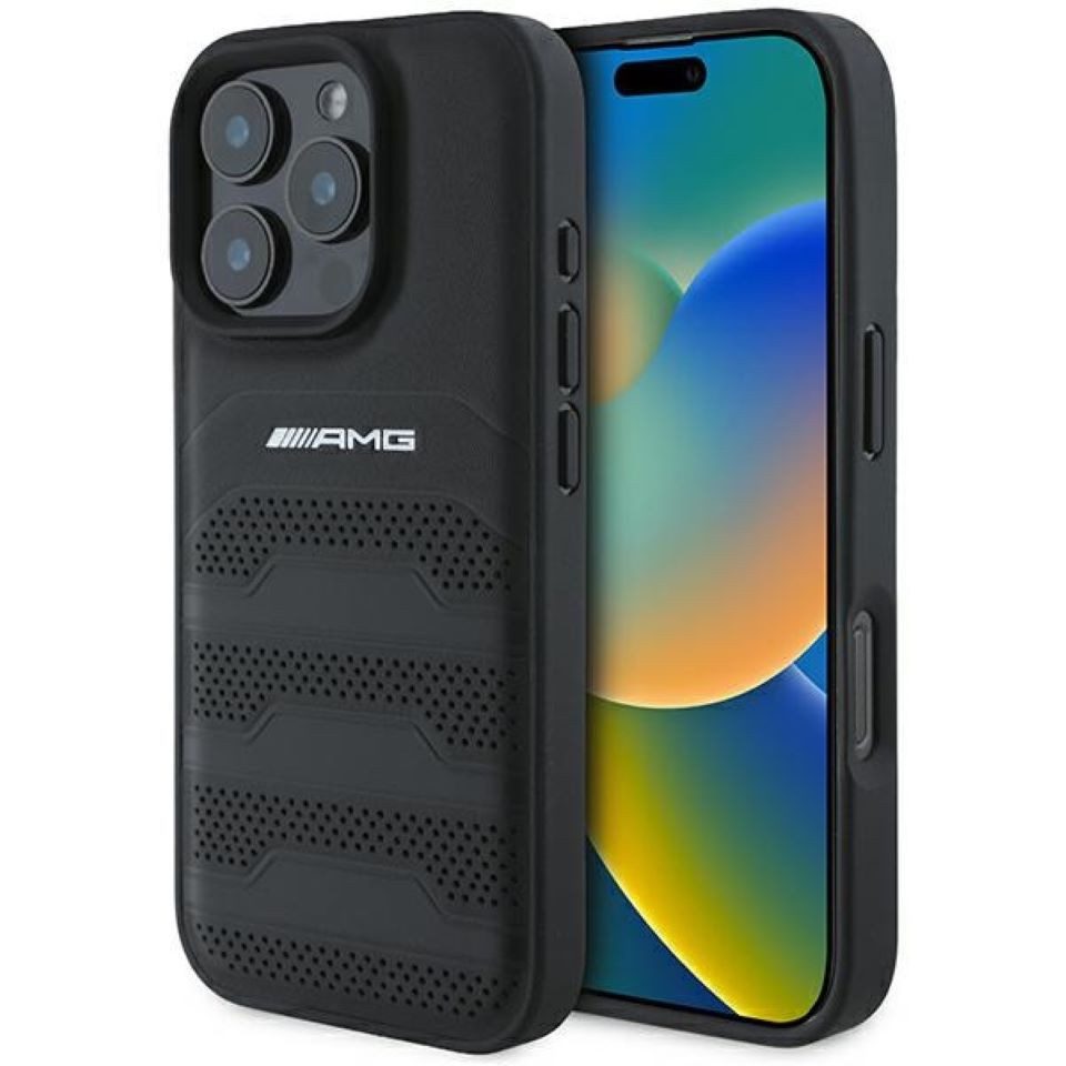 Mercedes Benz AMG Handyhülle iPhone 16 Pro Max AMG Echtleder gelocht schwarz Logo 6,9 Zoll, Kantenschutz