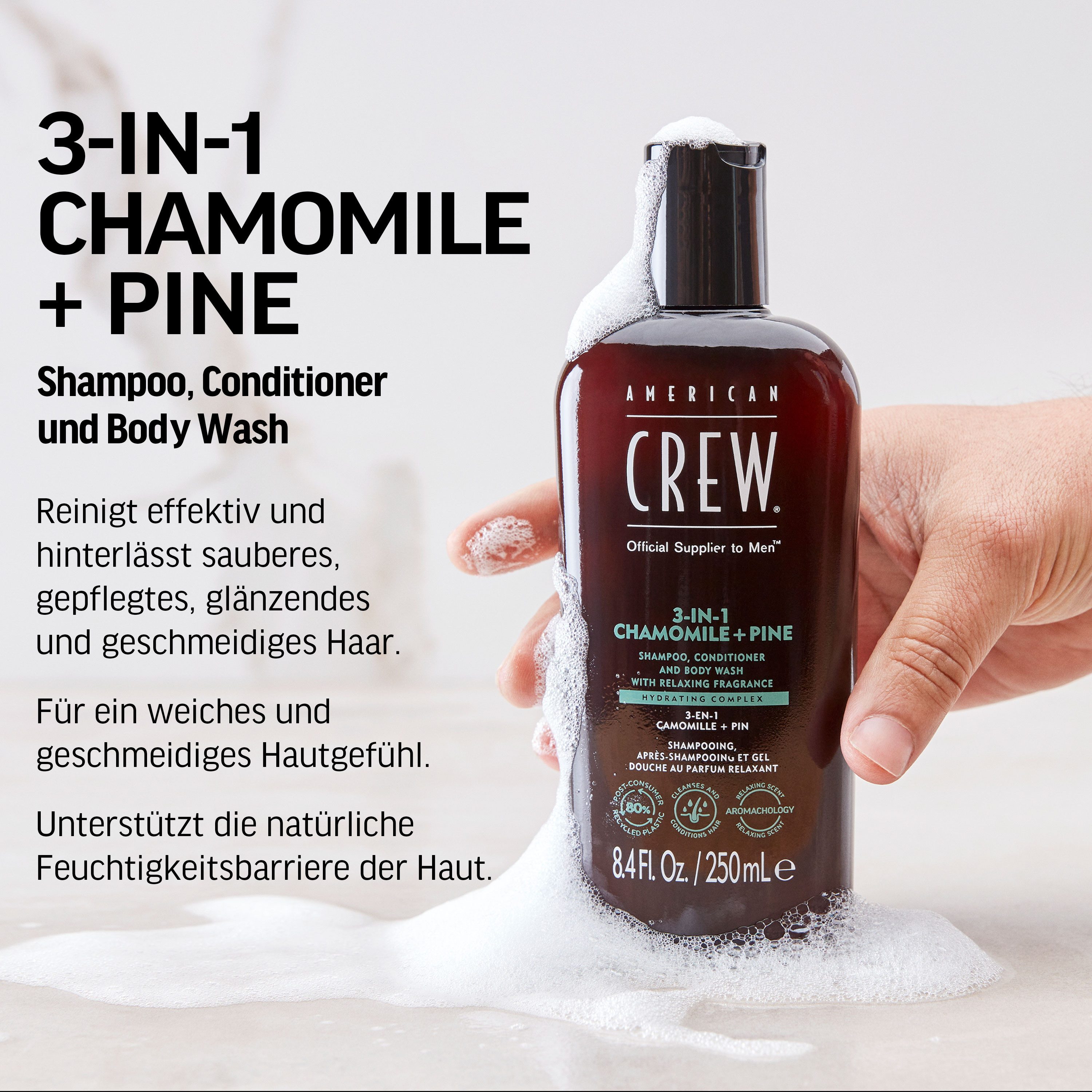American Crew Haarshampoo 3-IN-1 CHAMOMILE + PINE, für jeden Haartyp geeignet, spendet Feuchtigkeit, beruhigt Kopfhaut.