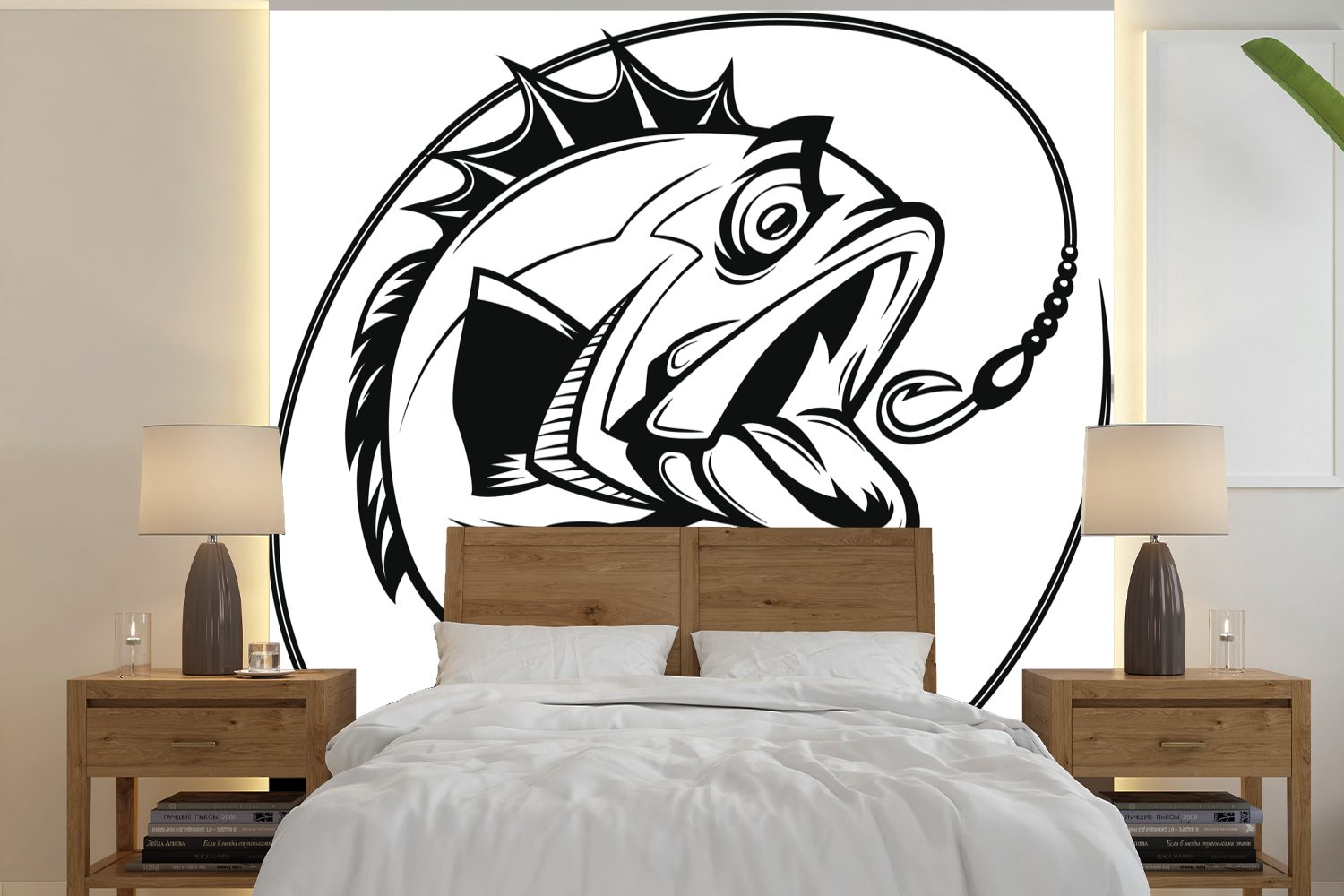 MuchoWow Fototapete Eine Cartoon-Illustration eines Fisches am Haken, Matt, bedruckt, (5 St), Vinyl Tapete für Wohnzimmer oder Schlafzimmer, Wandtapete