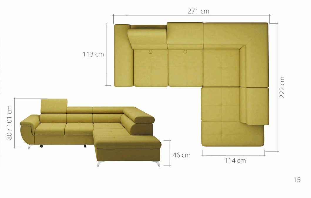 JVmoebel Ecksofa Ecksofa L-Form Design Sofa Ecksofa Couch Leder Polster Sofas, Mit Bettfunktion Senf