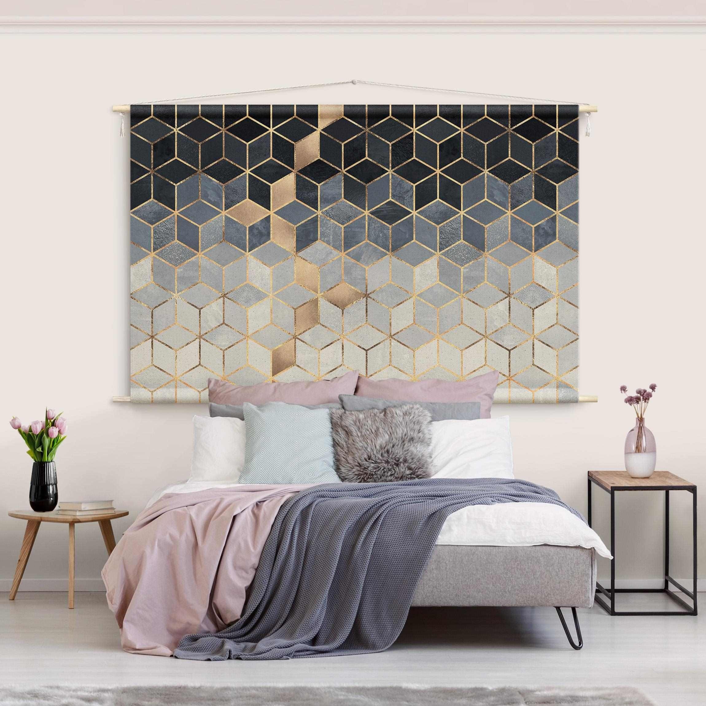 Bilderdepot24 Wandteppich modern Muster Abstrakt Aquarell Geometrisch gold, rechteckig, Höhe: 2.6 mm, großes Wandbild aus Natur-Baumwolle Wandbehang Stoffbild Tuch Wollseil