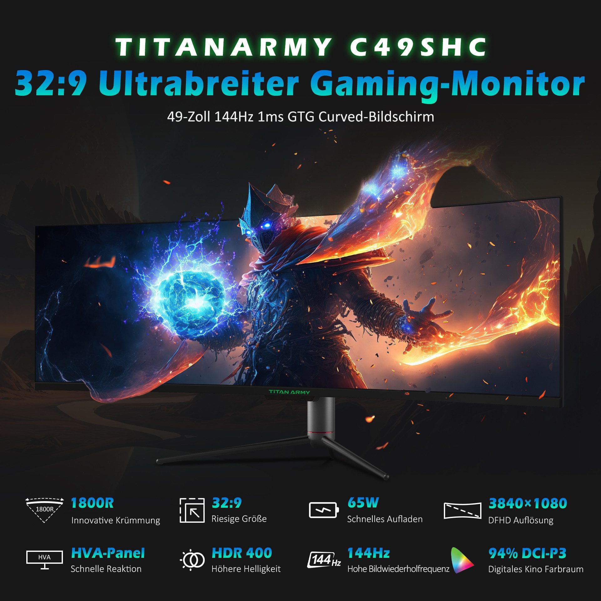 TITAN ARMY C49SHC CSOT HVA Curved-Gaming-Monitor (3840x1080 px, HD, 1 ms Reaktionszeit, 144 Hz, CSOT HVA Fast LCD, 1800R, Smart PlP/PBp Split Screen, 32:9, 144Hz,DFHD 3840x1080)