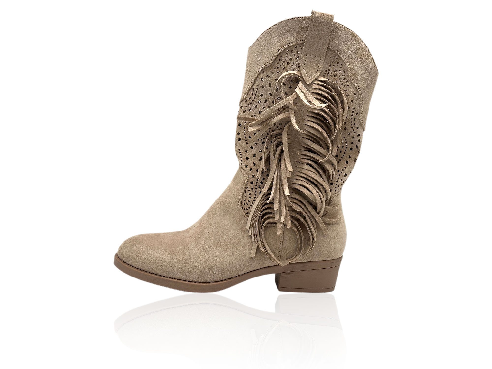 Nowaland Damen Western Stiefelette mit Fransen und Lochmuster Stiefelette Weiche Veloursleder-Optik mit stabilem Blockabsatz