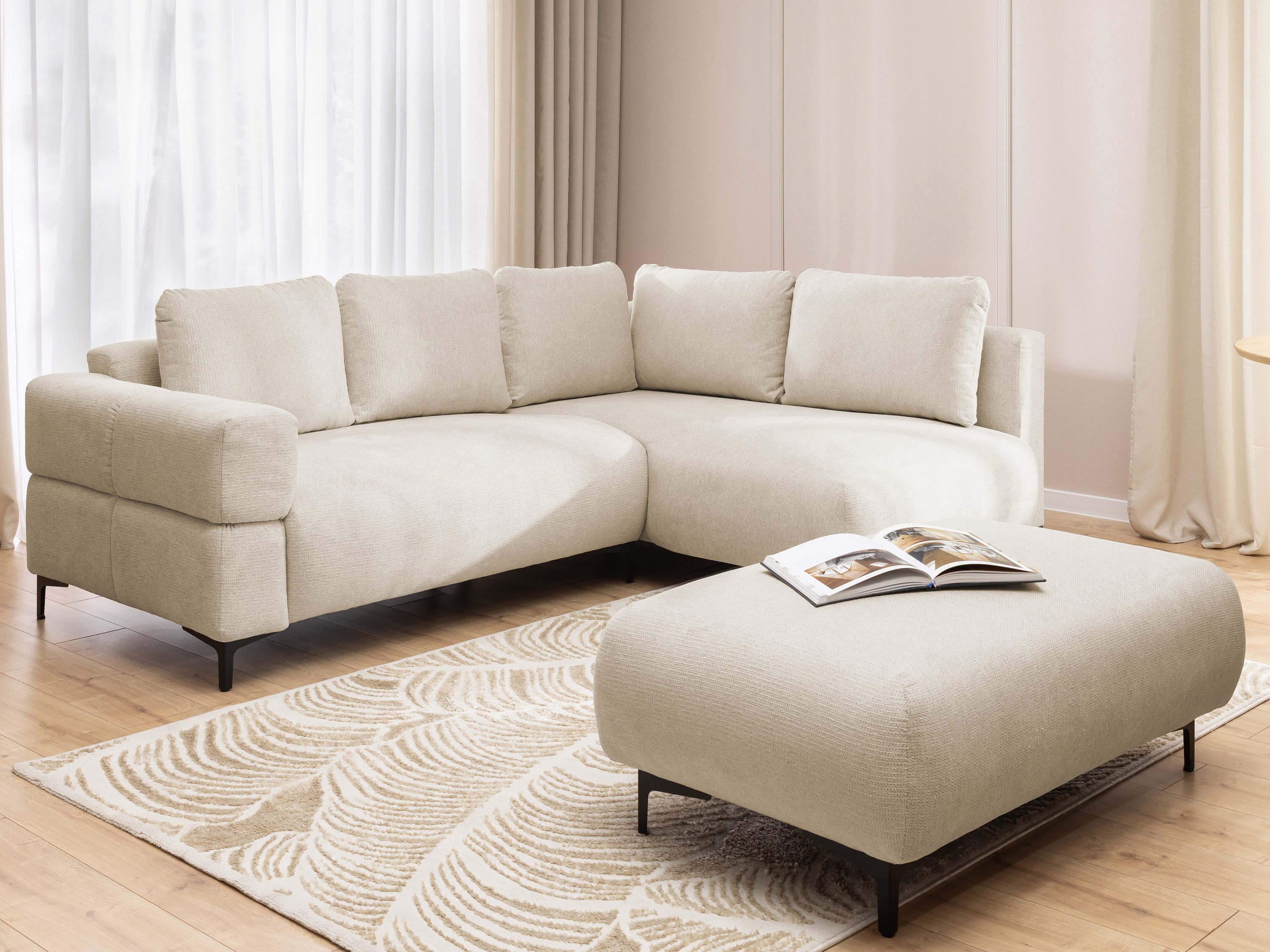 S-Style Möbel Ecksofa und Hocker Cardea mit Schlaffunktion in Bubble-Optik, aus weichem Strukturstoff, mit Wellenfederung