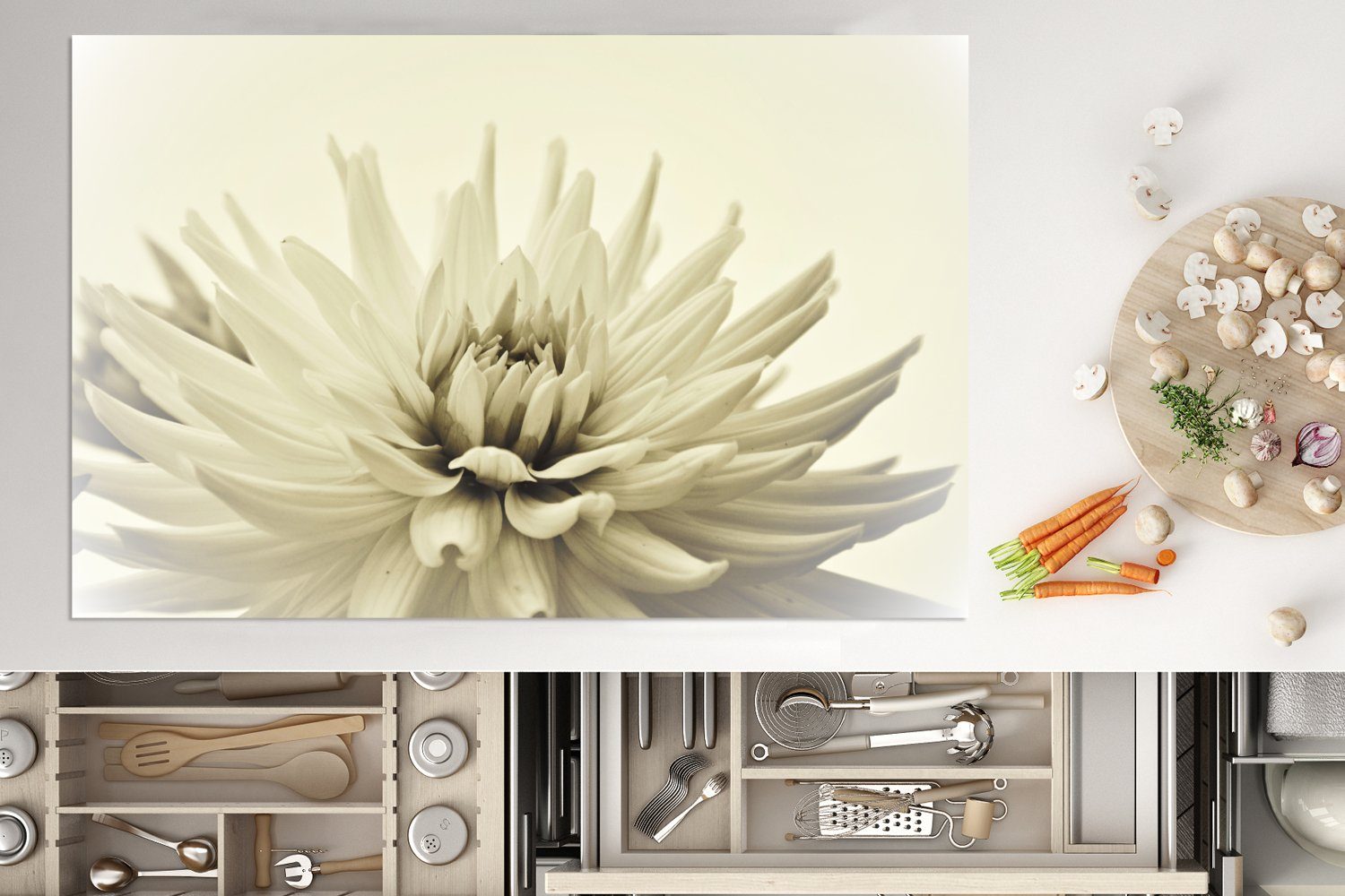 MuchoWow Herdblende-/Abdeckplatte Weiße Dahlienblüte für cm, küche, Schutz (1 tlg), die Induktionskochfeld 81x52 Ceranfeldabdeckung Vinyl, Sepia-Fotodruck