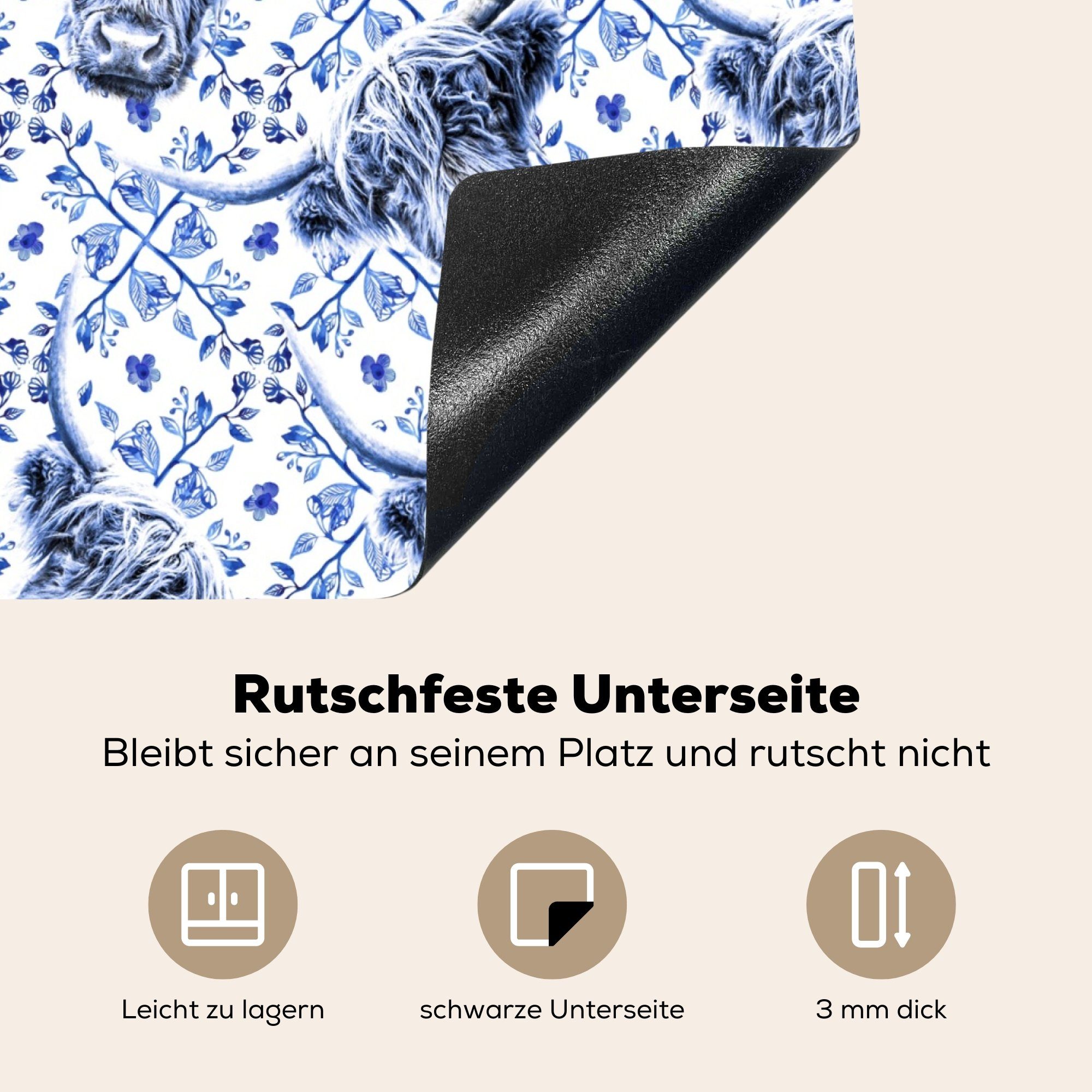 MuchoWow Herdblende-/Abdeckplatte Schottischer Highlander für 59x52 - küche, Delfter Induktionsmatte Blau, Vinyl, (1 cm, die - Ceranfeldabdeckung tlg), Kuh