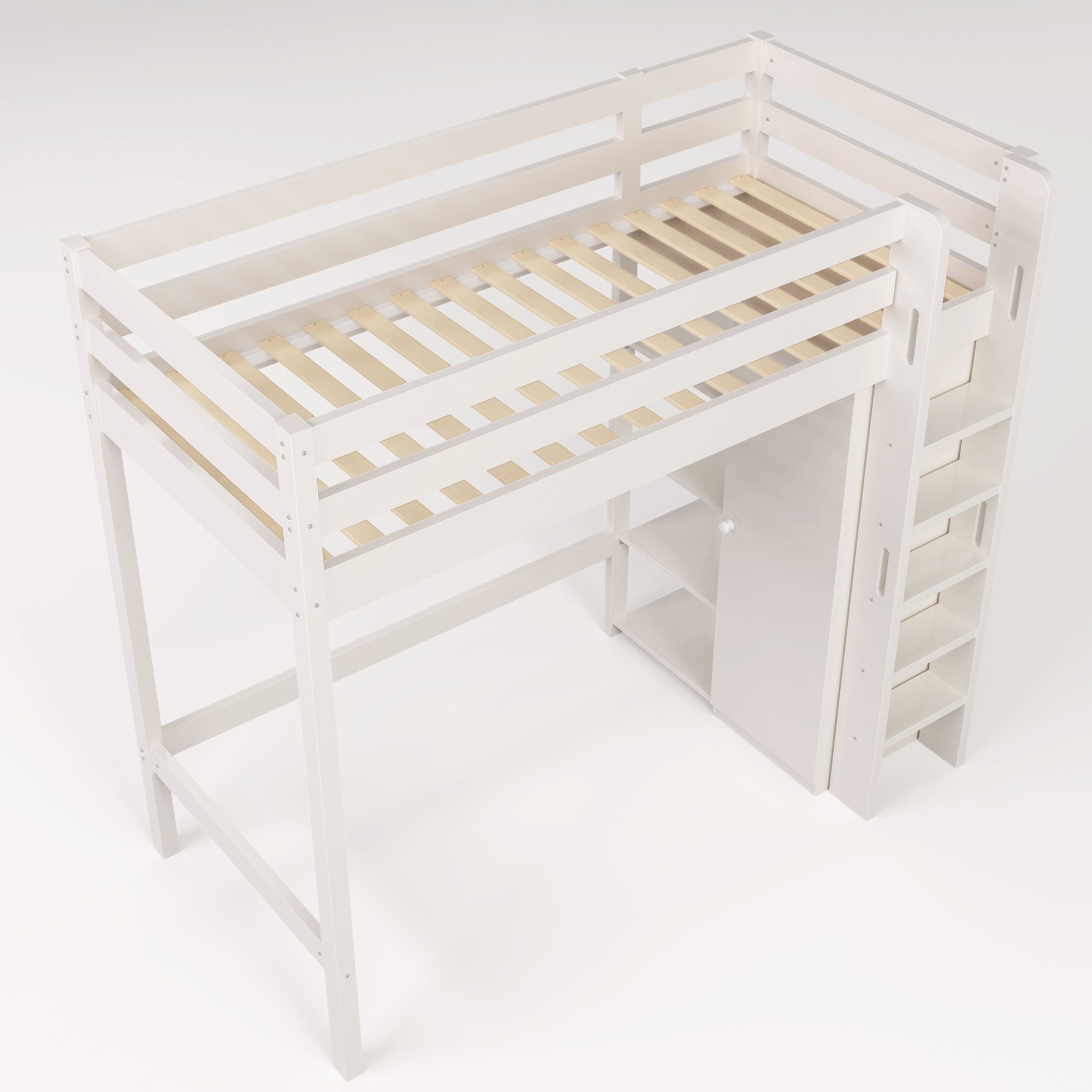 Hochbett (Stauraumbett Liegefläche 90x200 cm mit Kleiderschrank) Kinderbett mit Lattenrost, aus massivem Kiefernholz