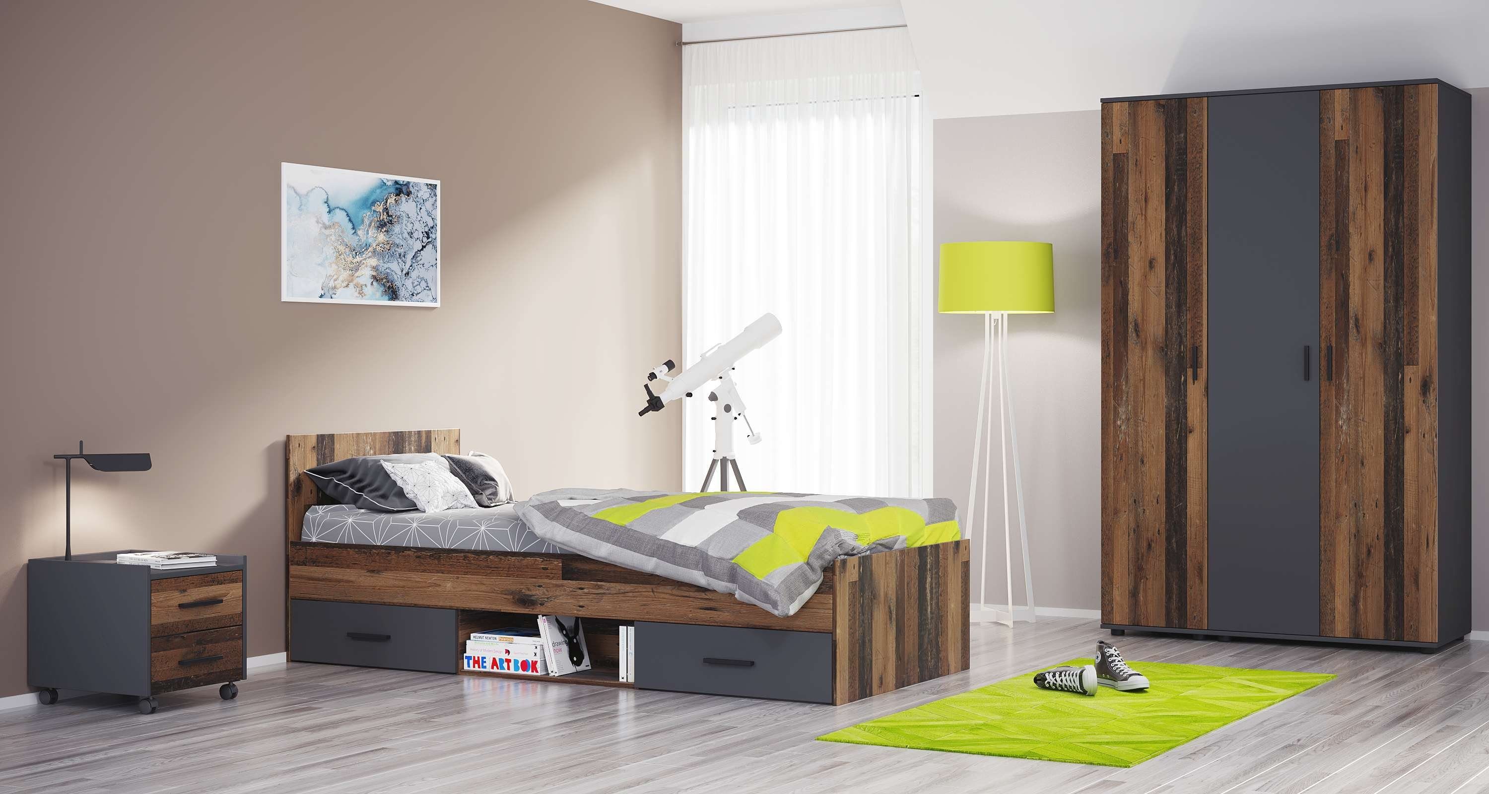 Home affaire Jugendzimmer-Set Nonjoo-Teen, (3-St), Industrial Style, Bett mit Stauraum + Nachttisch + 3er Kleiderschrank