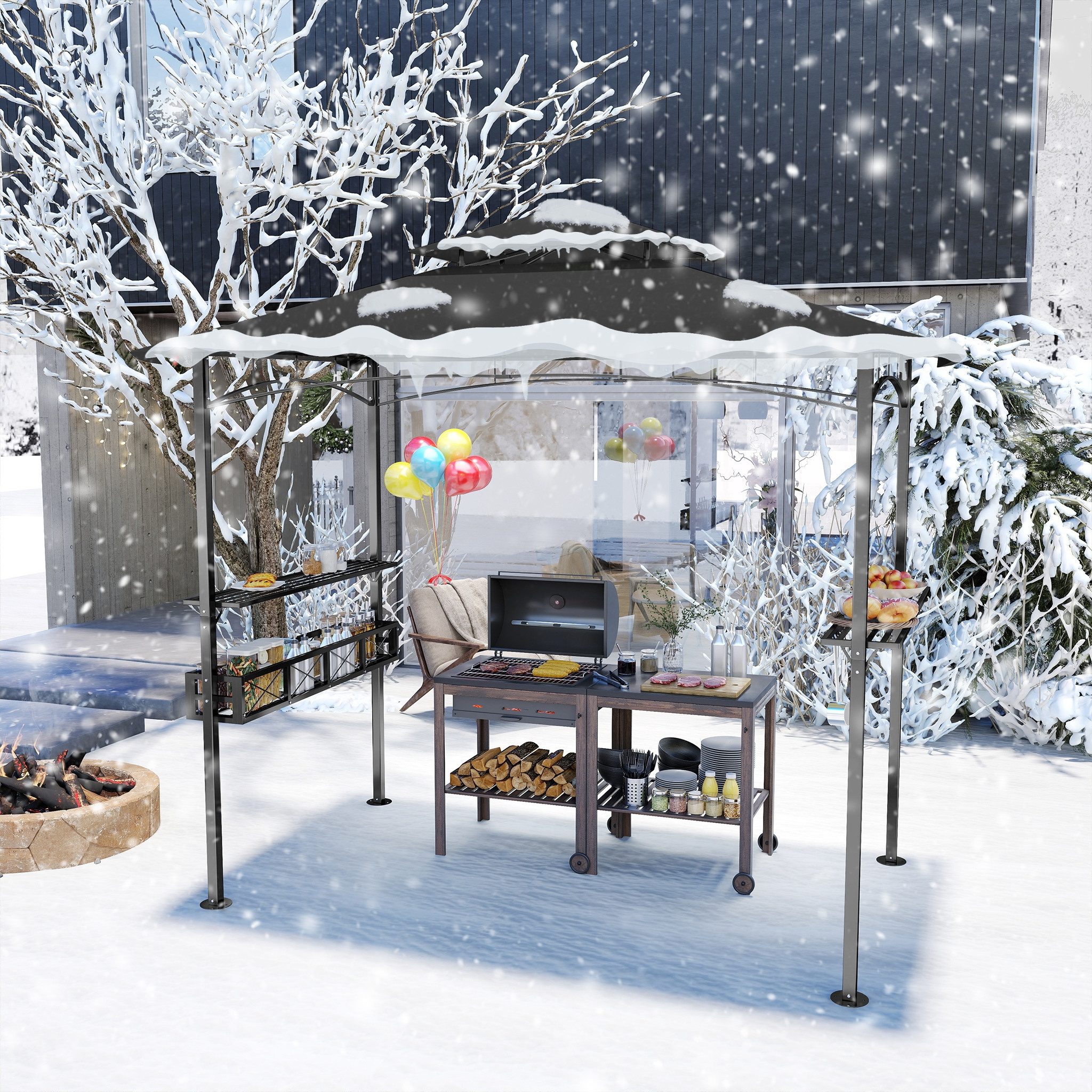 FIVMEN Grillpavillon Grillzelt mit Doppeldach & Ablagen, Schwarz, 2,45 x 1,53 m – Bild 5 von 5