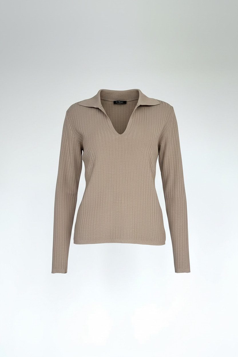 Zuckerwatte V-Ausschnitt-Pullover Rippstrickoptik aus Viskose mit Elasthan