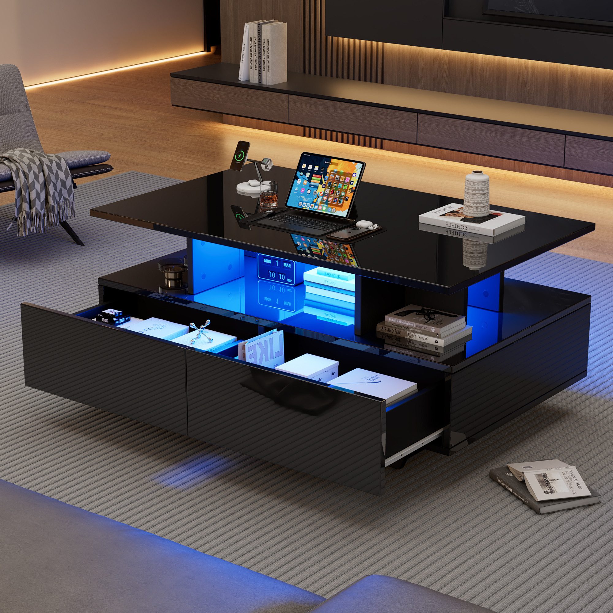 STILVORA Couchtisch Wohnzimmertisch Hochglanz-Beistelltisch Sofatisch mit LED,Stauraum (Hochglanz-Wohnzimmetisch, Beistelltisch mit versteckem Stauraum, 1-St., 2 Schubladen), mit LED-Beleuchtung