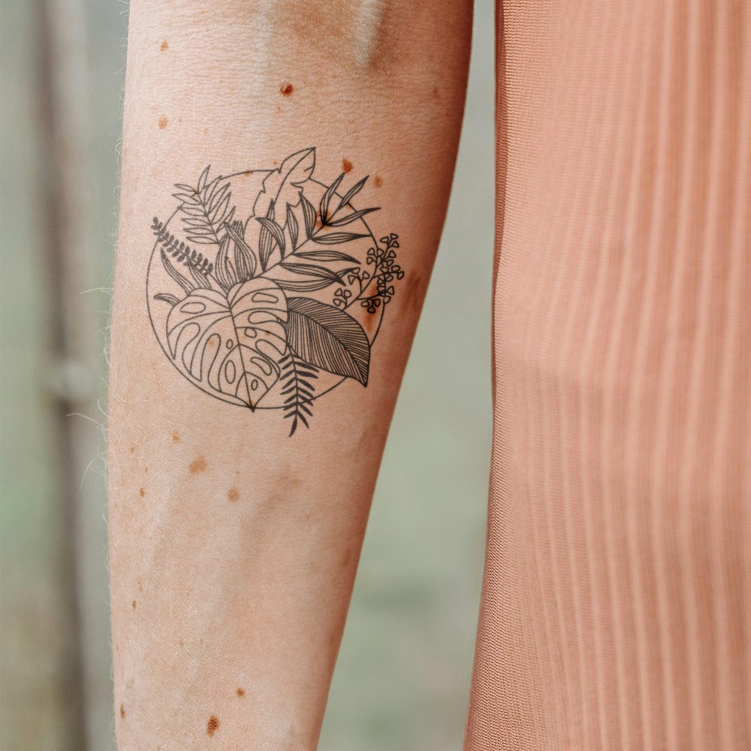 Inkster Schmuck-Tattoo Kreis mit tropischen Pflanzen Tattoo, wasserfestes temporäres Tattoo, 2 Wochen Halt