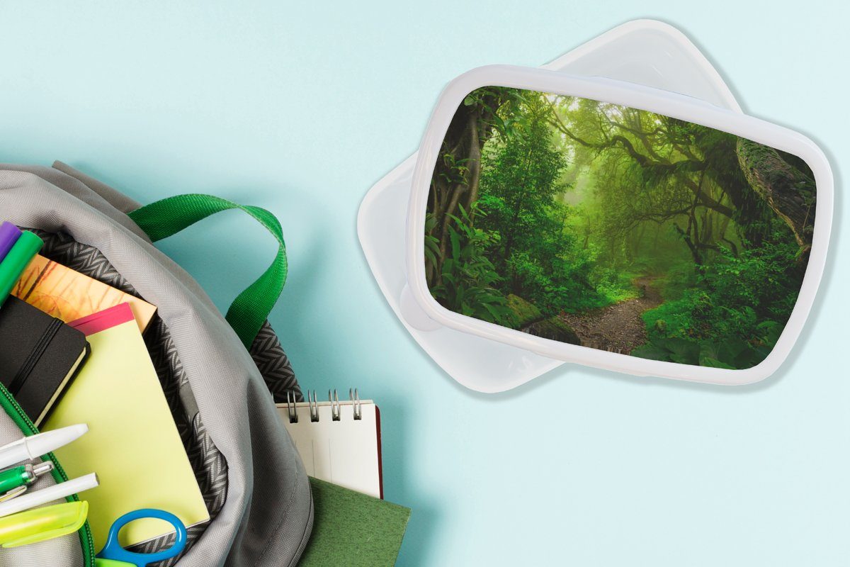 Kinder Jungs Brotbox MuchoWow Sonne für und - und Mädchen - Grün, Tropisch Brotdose, - weiß Dschungel (2-tlg), Landschaft für Lunchbox Kunststoff, Erwachsene, -
