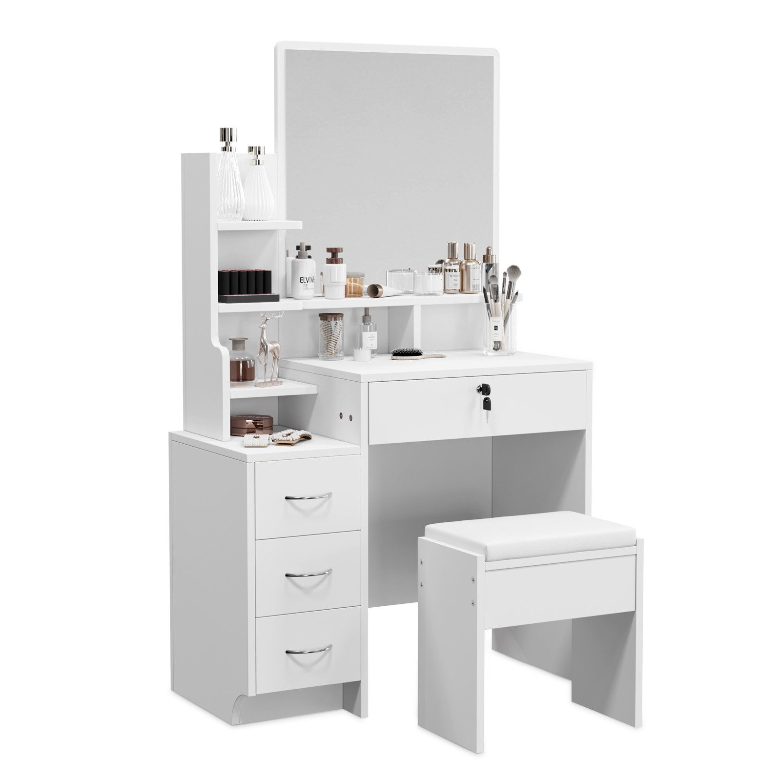 Dripex Schminktisch mit Hocker Kosmetiktisch mit Schubladen B87 x T40 x H144 cm weiß