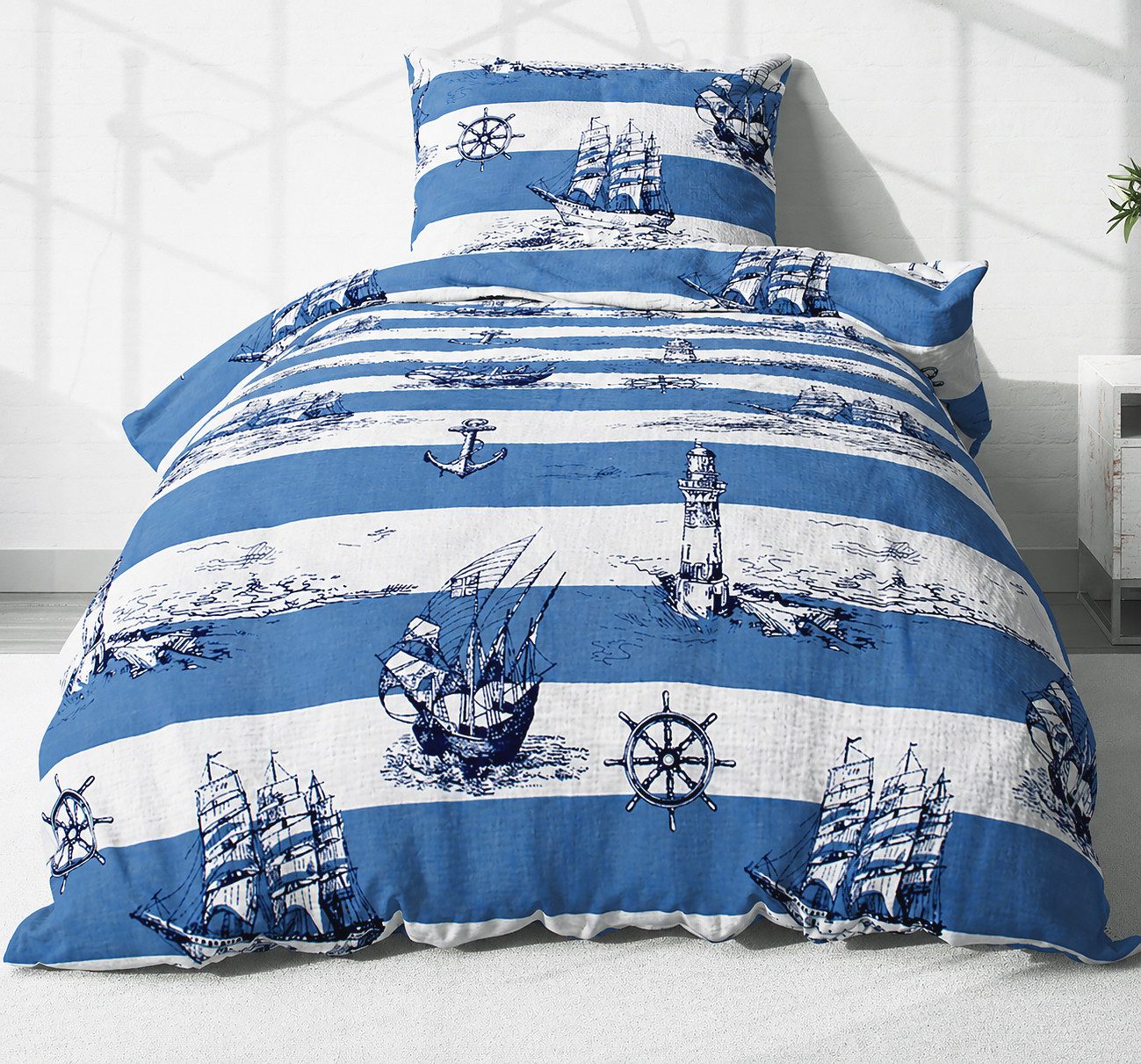 Heubergshop Bettwäsche, Seersucker, 2 teilig, 135x200cm + 80x80cm Leuchtturm Maritime Anker 100% Baumwolle (736-2)
