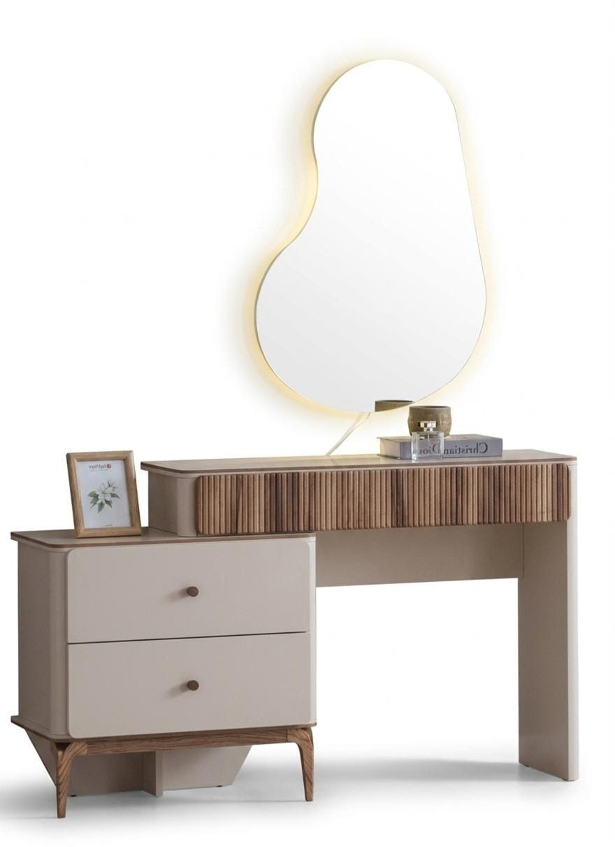 Xlmoebel Schminktisch Beiges Schminktisch Set im skandinavischen Design mit Hocker (Schminktisch-Set, 3-St., mit Hocker), Made in Europa