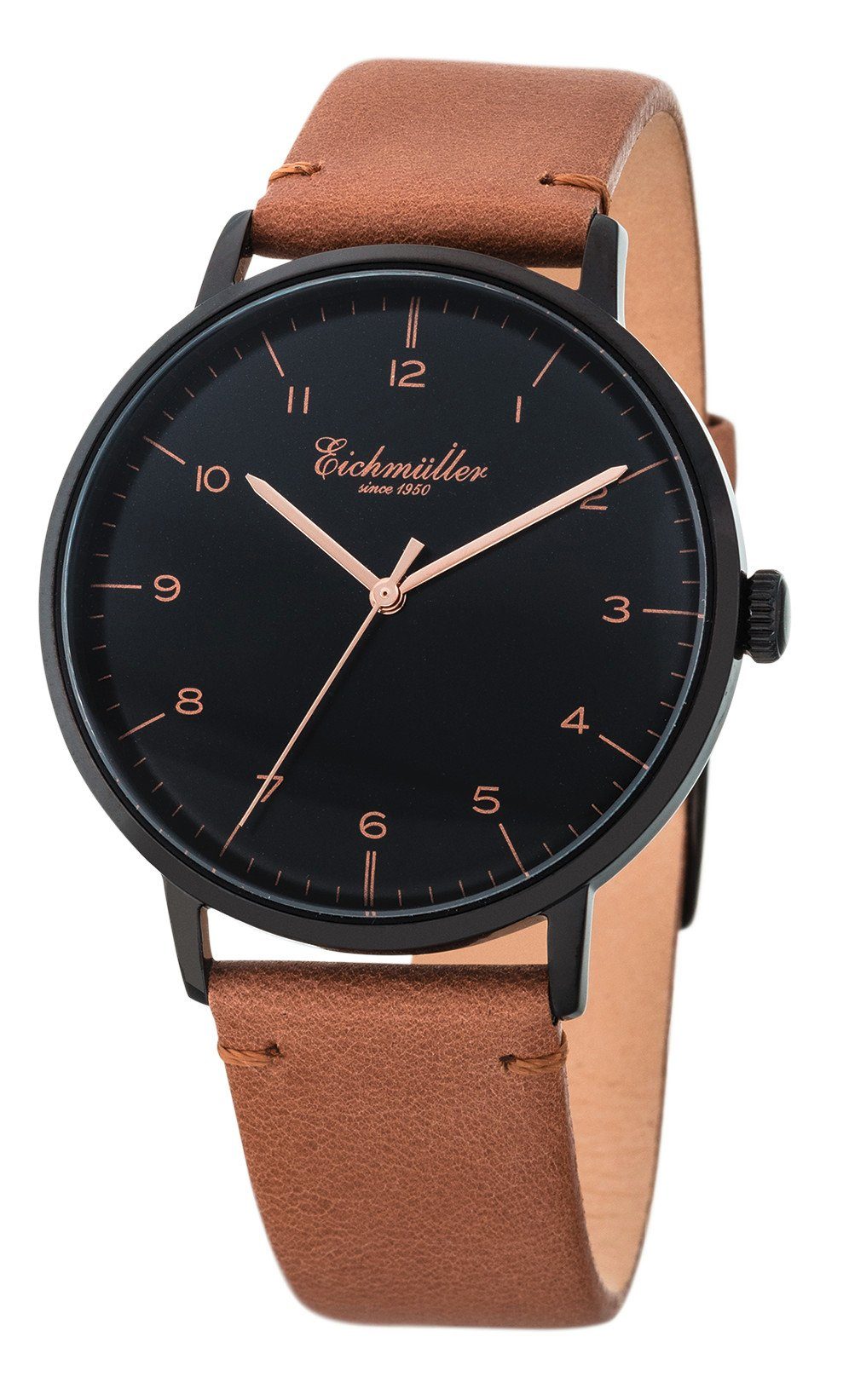 Eichmüller Quarzuhr Herrenuhr Hellbraun Schwarz Lederband 41 mm 3033-05, – stilvolle Herrenuhr mit zeitloser Eleganz