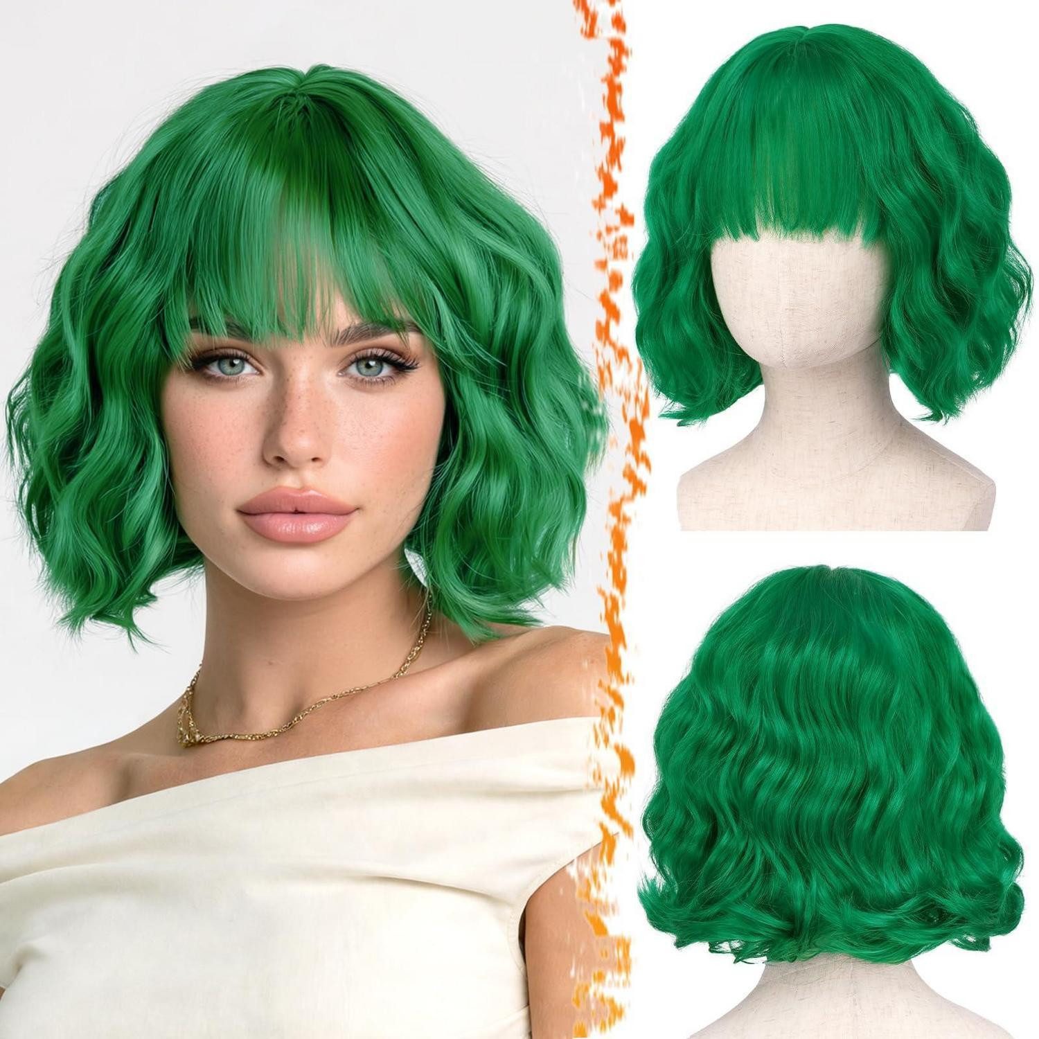 LuxusKollektion Kunsthaarperücke Perücke Kurze Gewellt Pony Synthetisch Lockig French Bob Grün 30cm